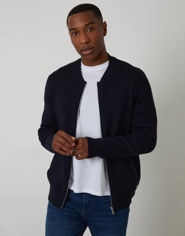 Bomber-Style Knitted Zip Through Cardigan in Navy made by Threadbare