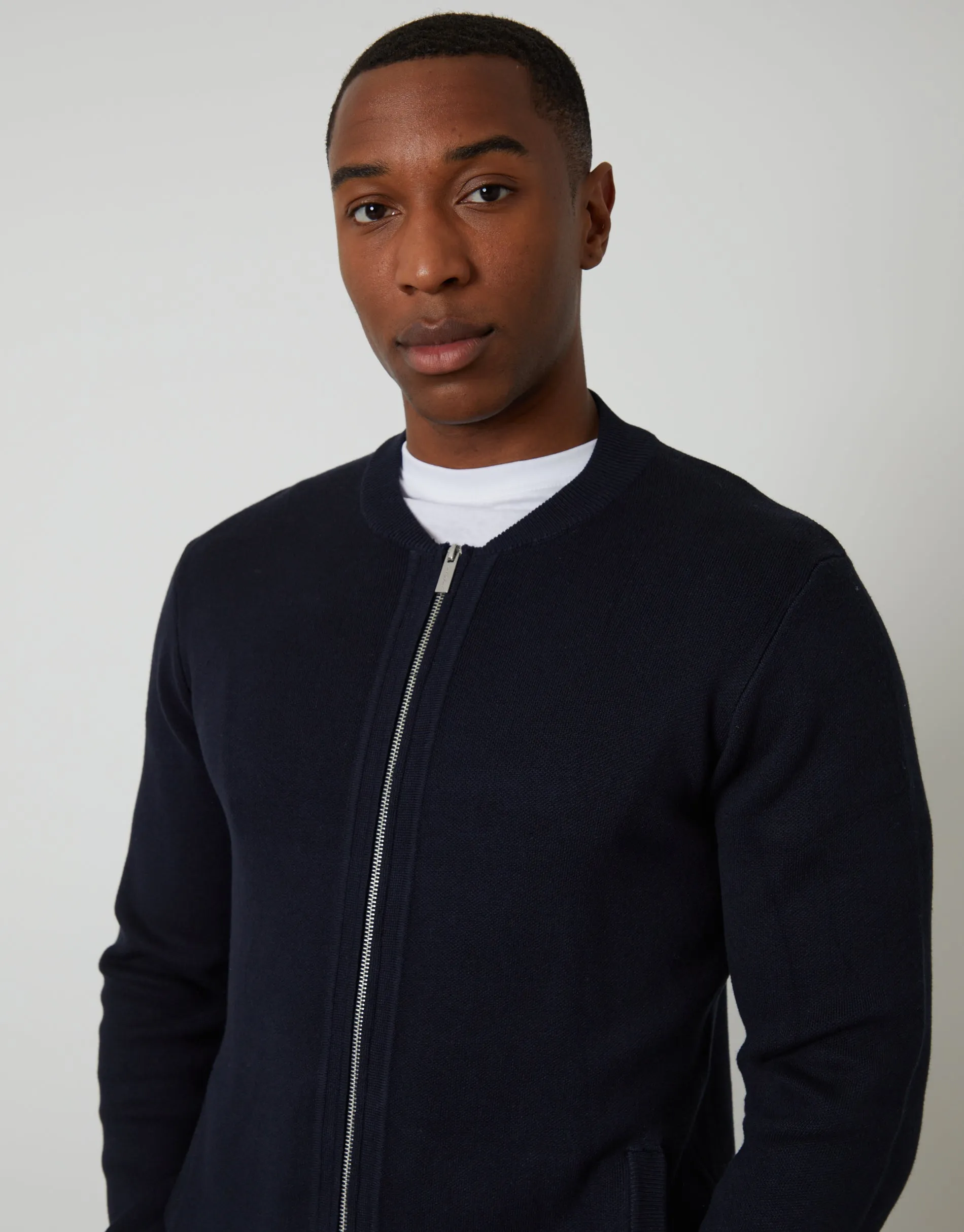 Bomber-Style Knitted Zip Through Cardigan in Navy sold by Threadbare product image thumbnail 4