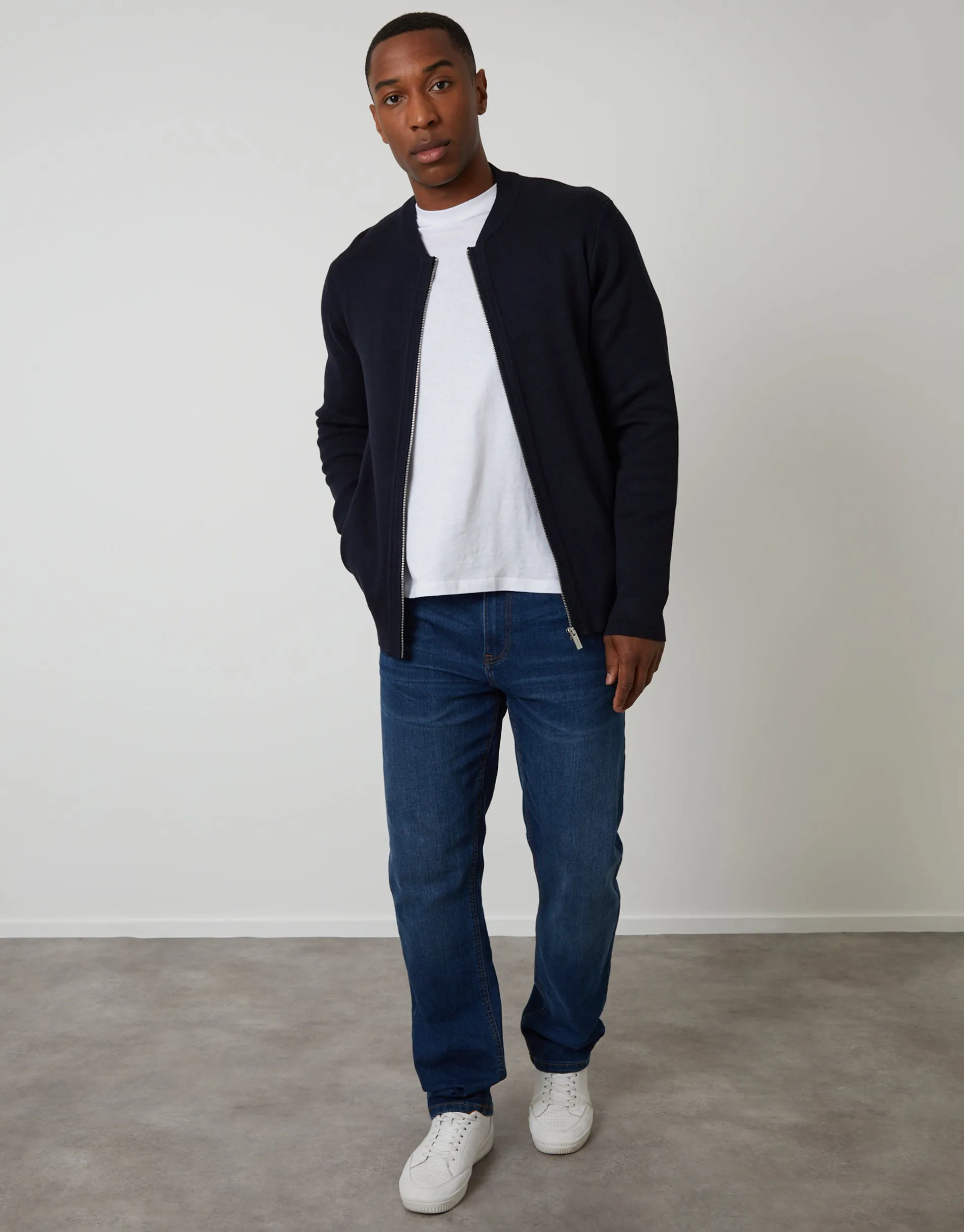 Bomber-Style Knitted Zip Through Cardigan in Navy sold by Threadbare product image thumbnail 3