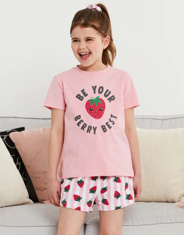 Girls' Pink Berry Print Short Pyjamas With Scrunchie (3-Piece Set) sold by Threadbare