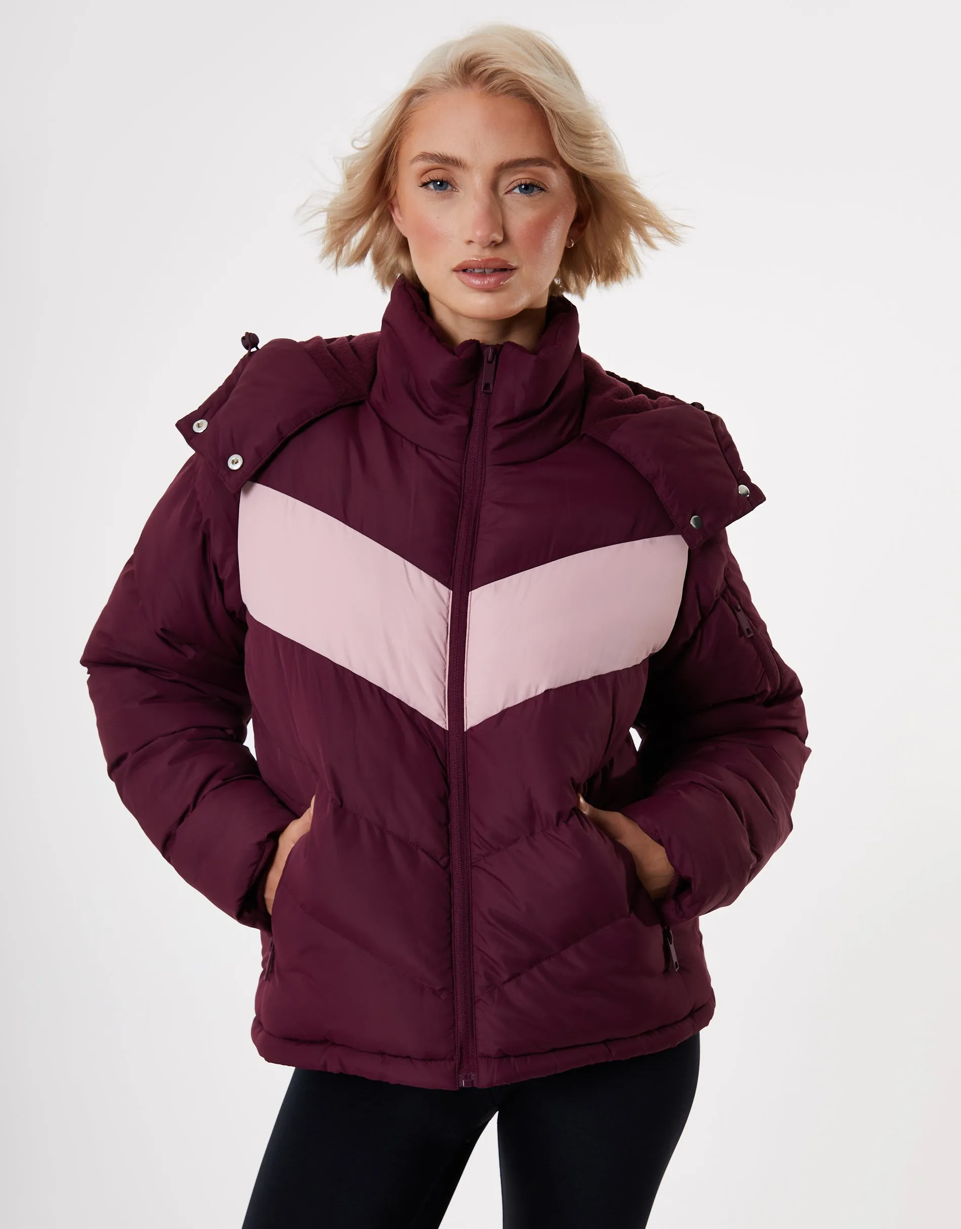 Contrast Chevron Padded Ski Jacket in Berry Red sold by Threadbare product image thumbnail 3