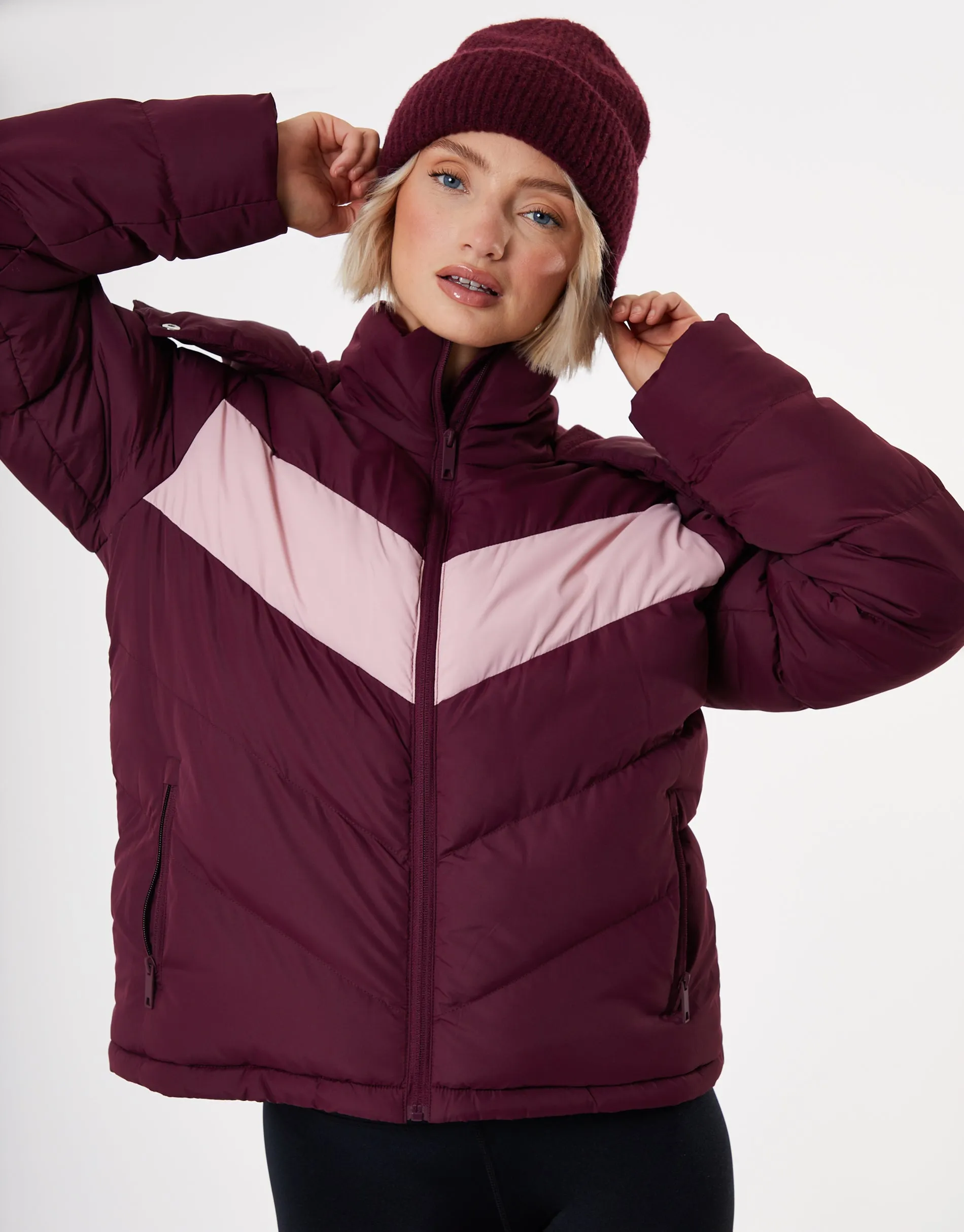 Contrast Chevron Padded Ski Jacket in Berry Red sold by Threadbare