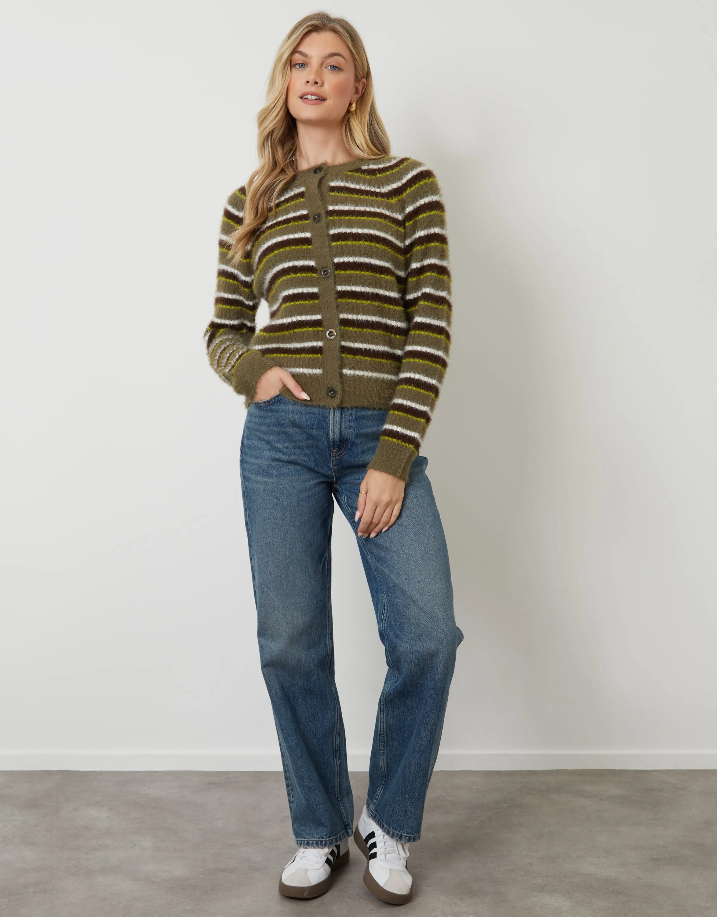 Olive Green Striped Fluffy Knitted Cardigan sold by Threadbare product image thumbnail 3