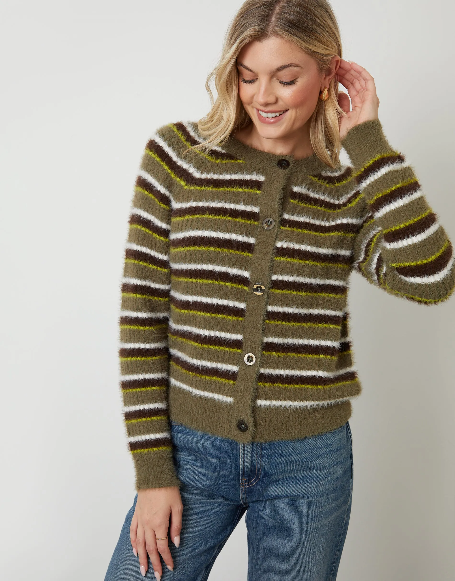 Olive Green Striped Fluffy Knitted Cardigan sold by Threadbare product image thumbnail 4