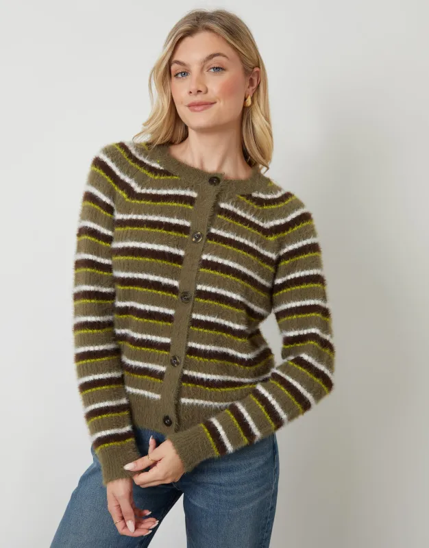 Olive Green Striped Fluffy Knitted Cardigan sold by Threadbare