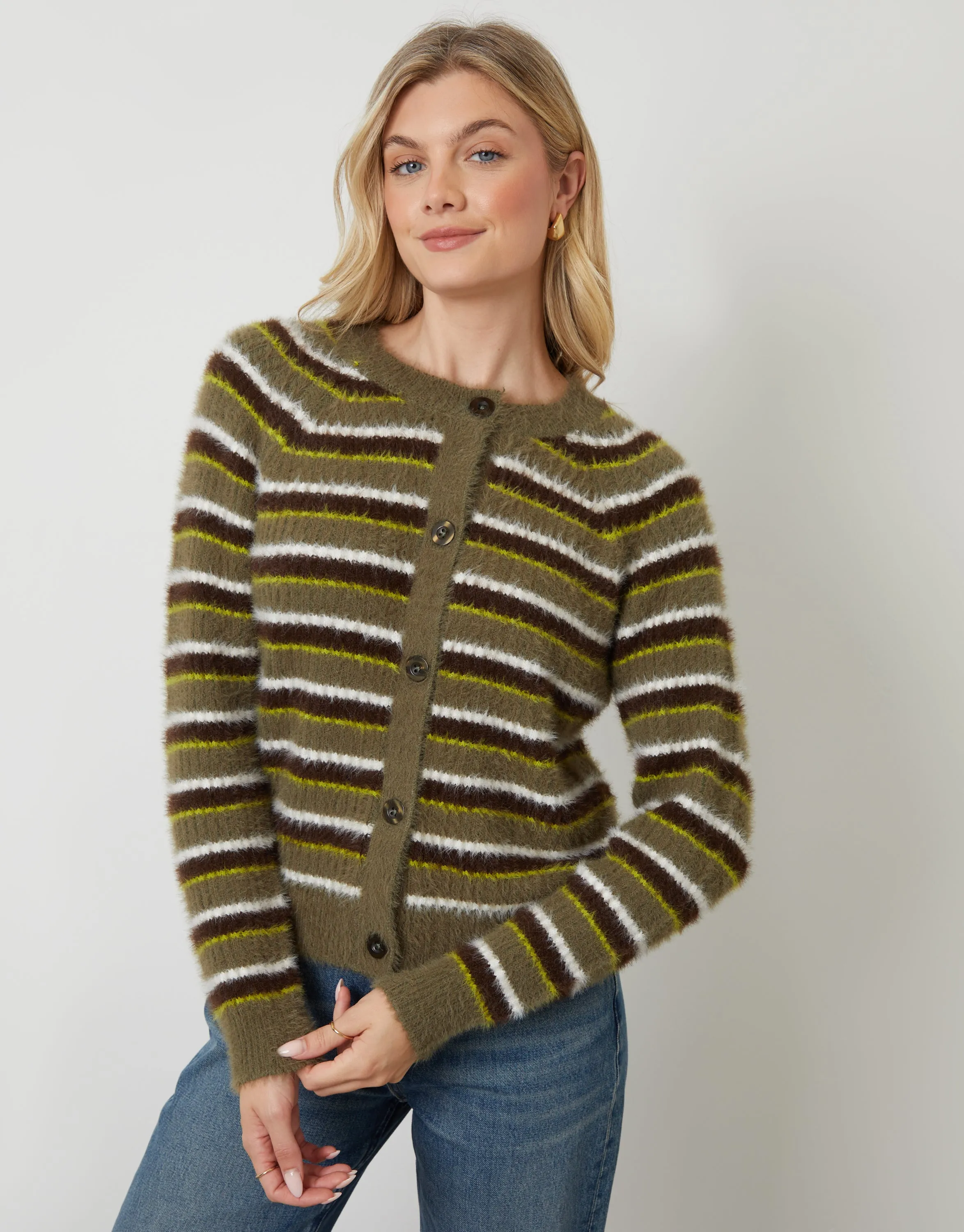 Olive Green Striped Fluffy Knitted Cardigan sold by Threadbare