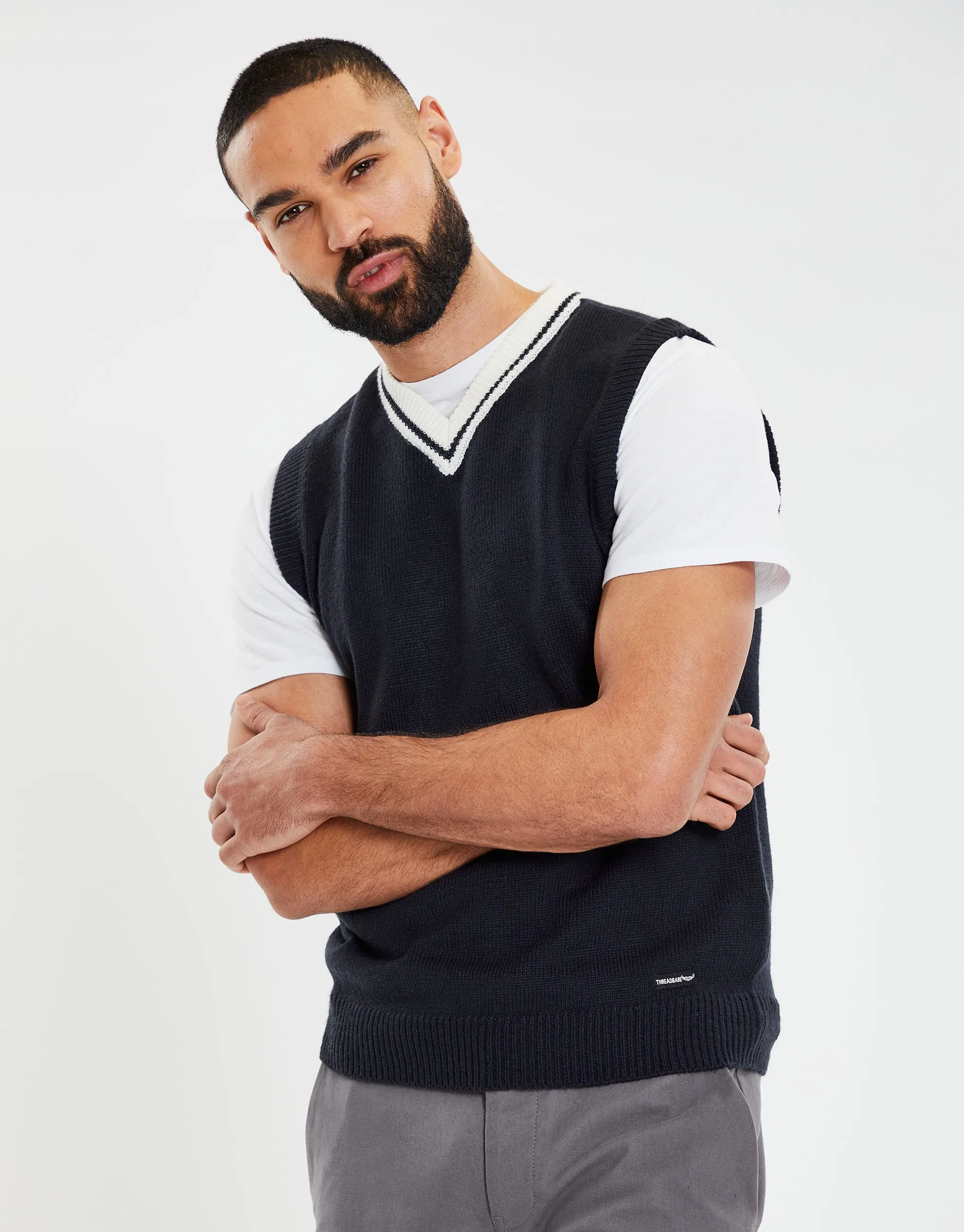 Men's Navy V Neck Knitted Vest sold by Threadbare