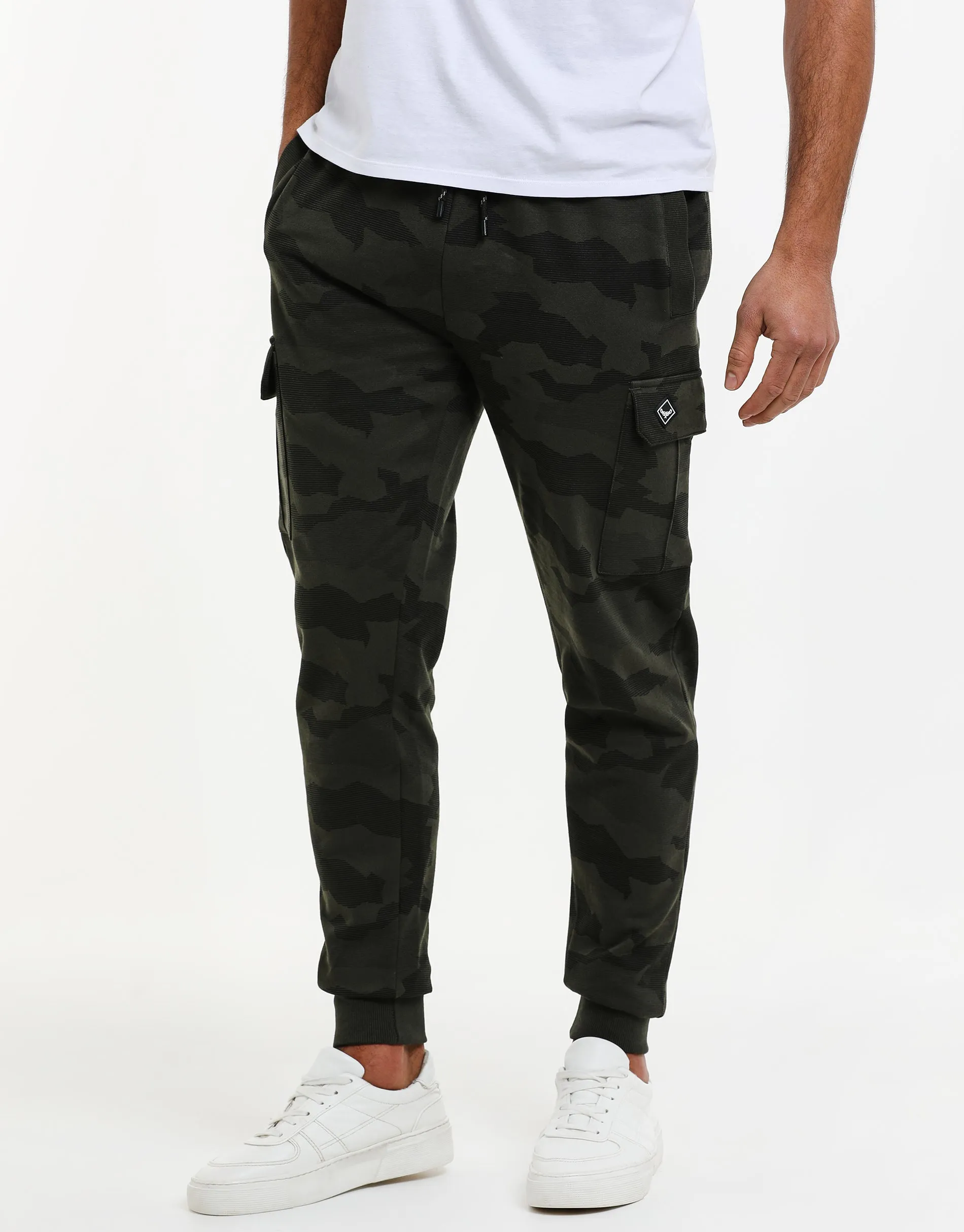 Men's Khaki Camo Cargo Joggers sold by Threadbare