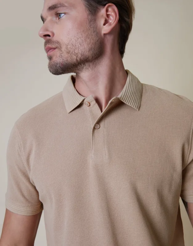 Men's Stone Waffle Jersey Polo Shirt sold by Threadbare