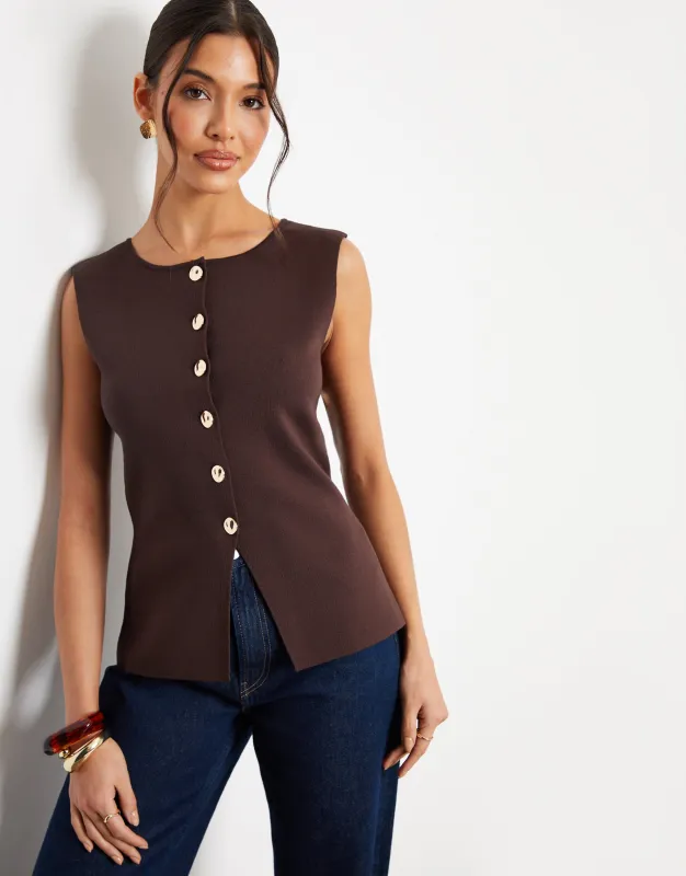 Chocolate Brown Ribbed Knitted Waistcoat made by Threadbare