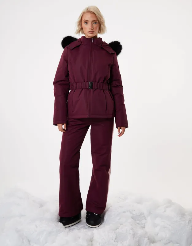 Berry Red Belted Padded Ski Jacket sold by Threadbare