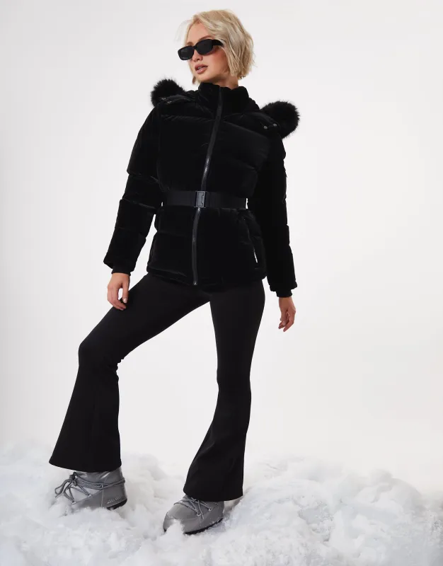 Black High Shine Belted Parka Ski Jacket made by Threadbare