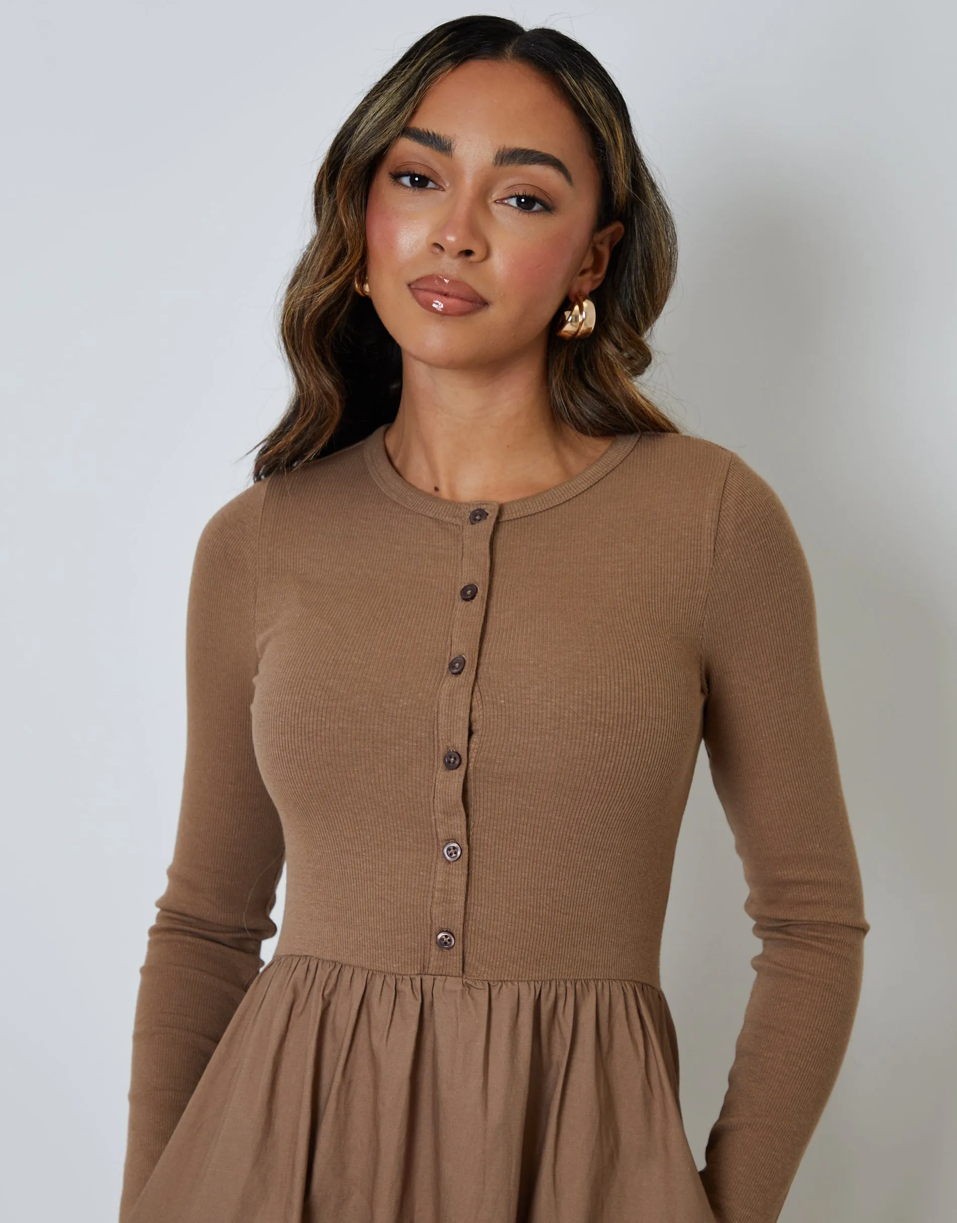 Taupe 2-in-1 Jersey Poplin Mix Button Down Dress sold by Threadbare product image thumbnail 2