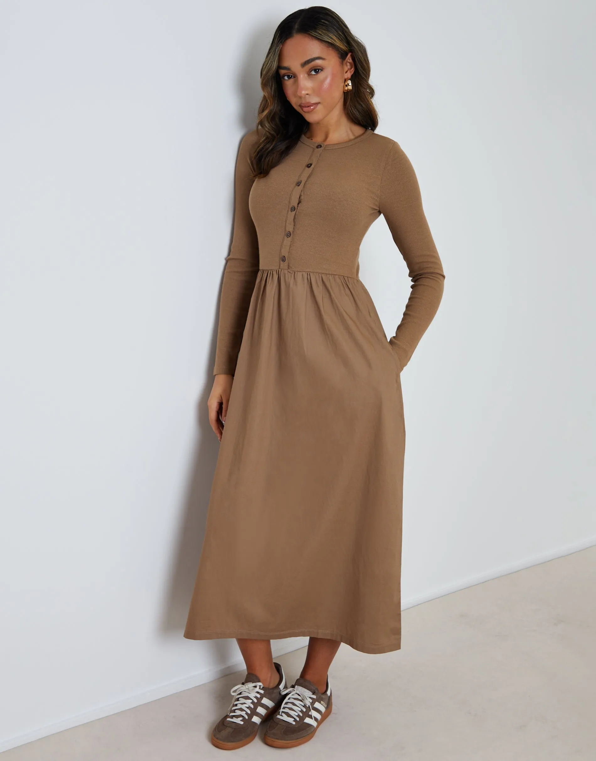 Taupe 2-in-1 Jersey Poplin Mix Button Down Dress sold by Threadbare product image thumbnail 3