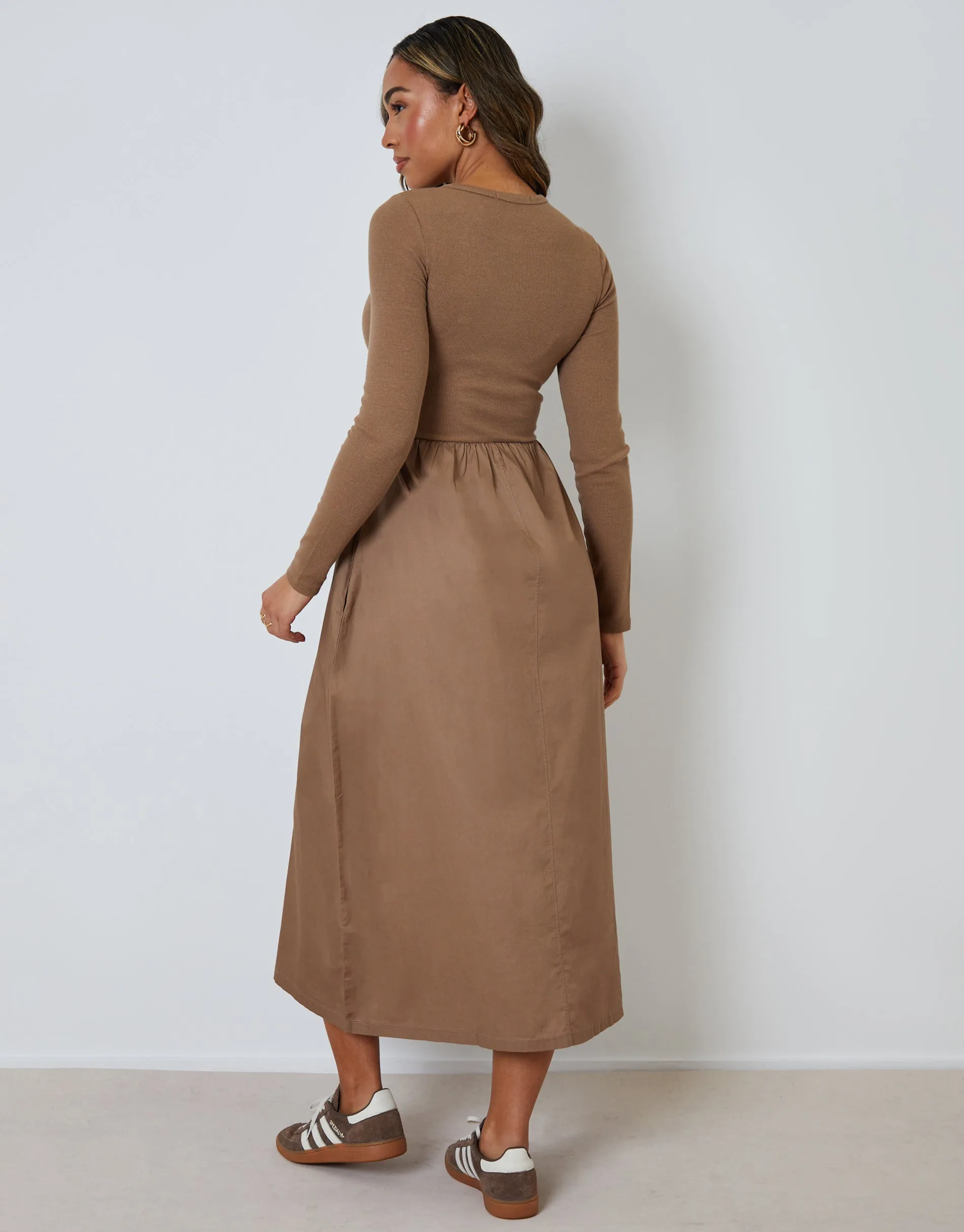 Taupe 2-in-1 Jersey Poplin Mix Button Down Dress sold by Threadbare product image thumbnail 4