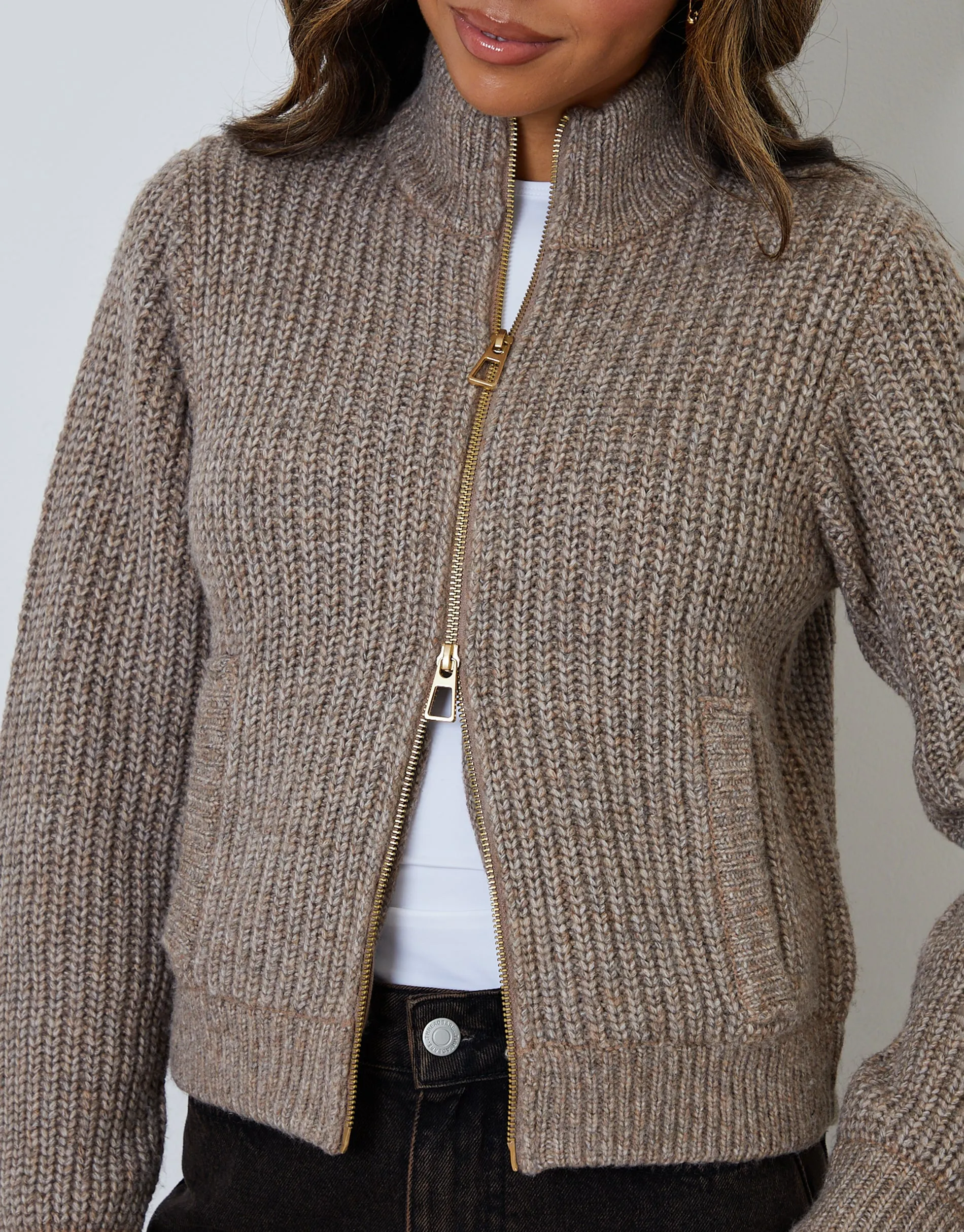 Zip Through Knitted Bomber in Beige sold by Threadbare product image thumbnail 5