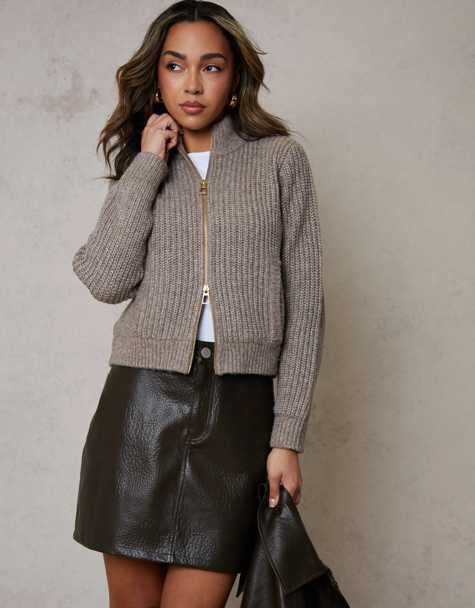 Zip Through Knitted Bomber in Beige sold by Threadbare