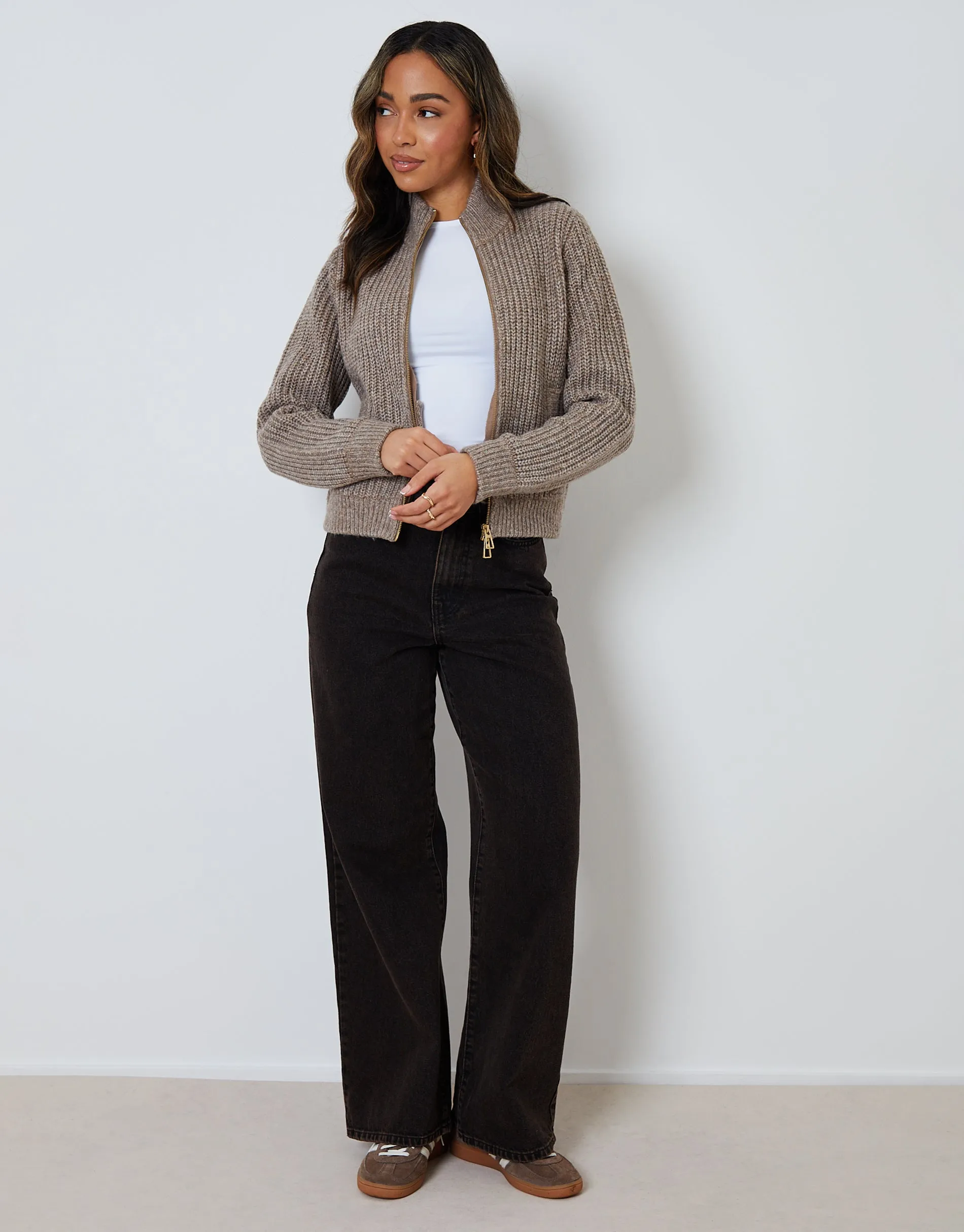 Zip Through Knitted Bomber in Beige sold by Threadbare product image thumbnail 4