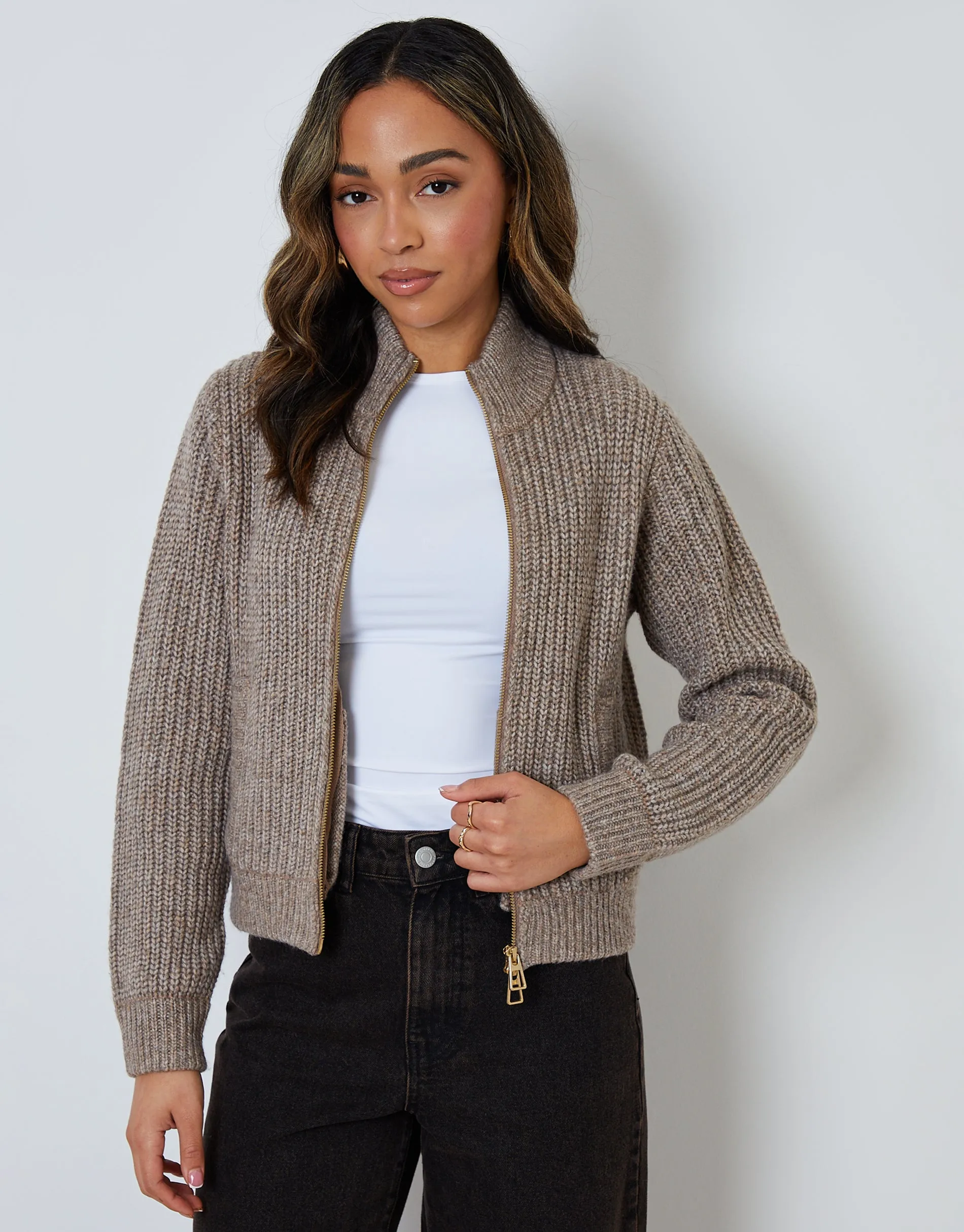 Zip Through Knitted Bomber in Beige sold by Threadbare product image thumbnail 2