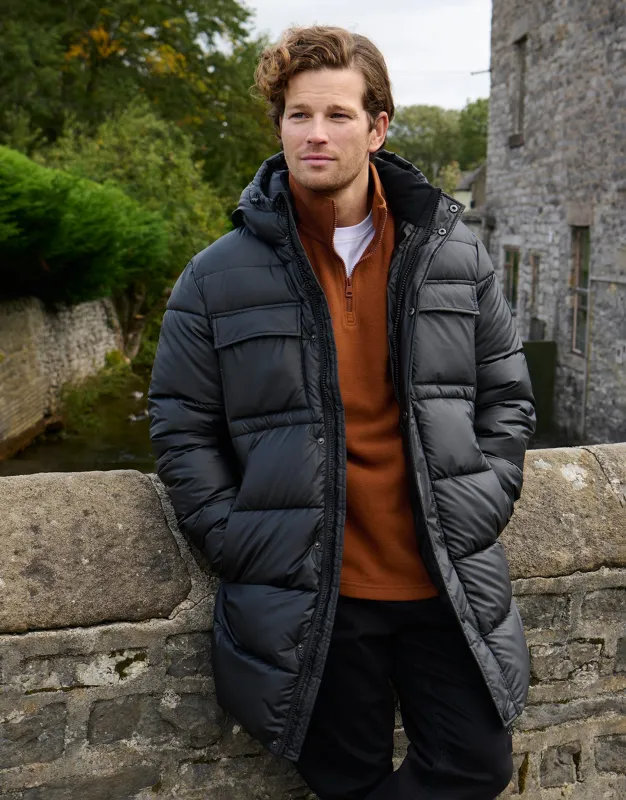 Black Showerproof PU Longline Puffer Coat sold by Threadbare