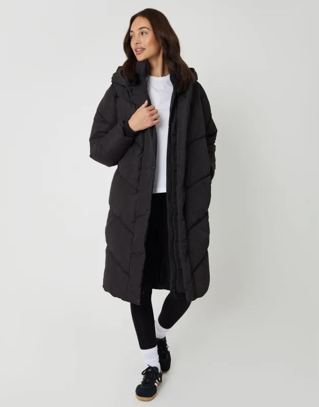 Black Longline Wrap Hood Puffer Jacket sold by Threadbare