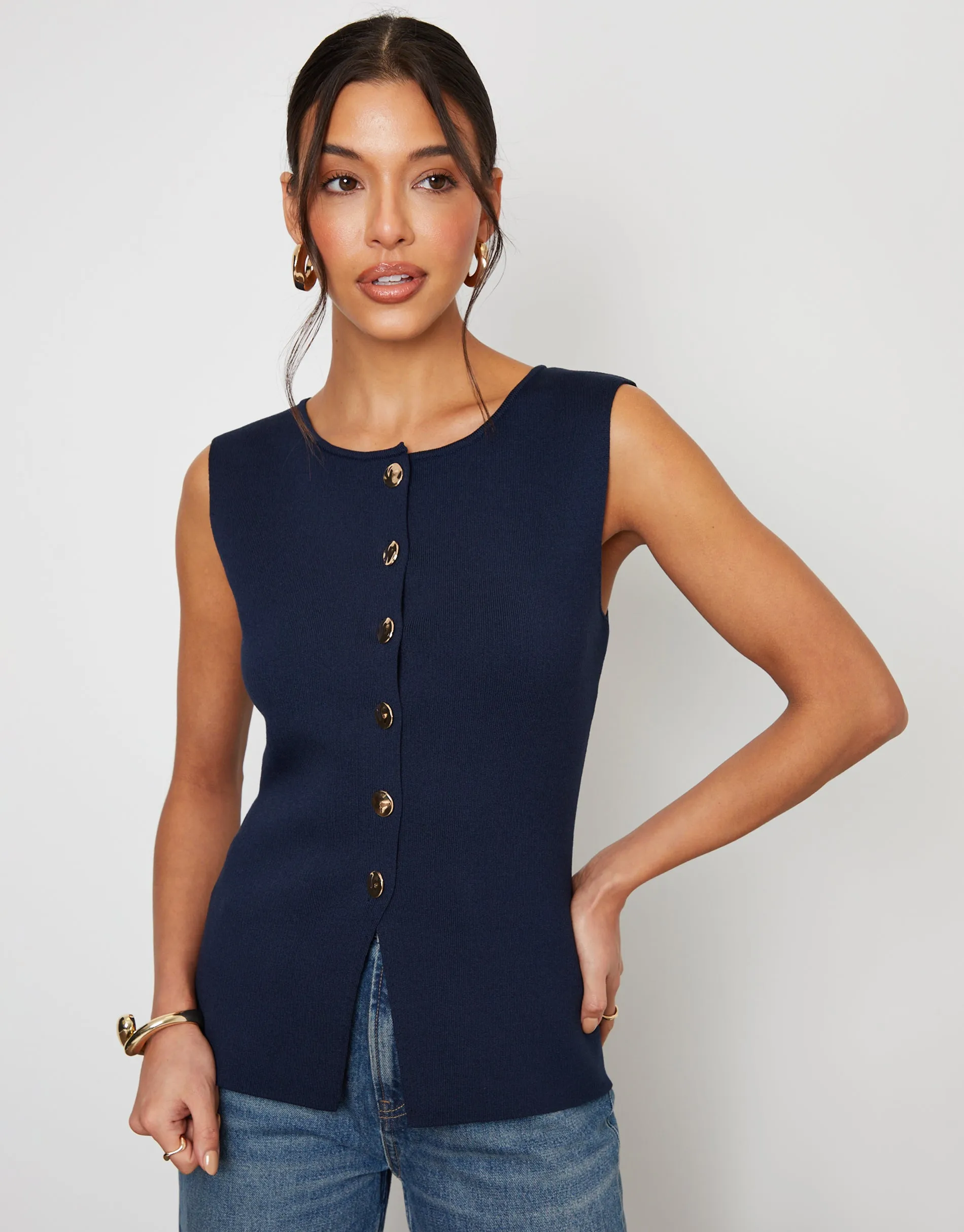 Navy Ribbed Knitted Waistcoat sold by Threadbare