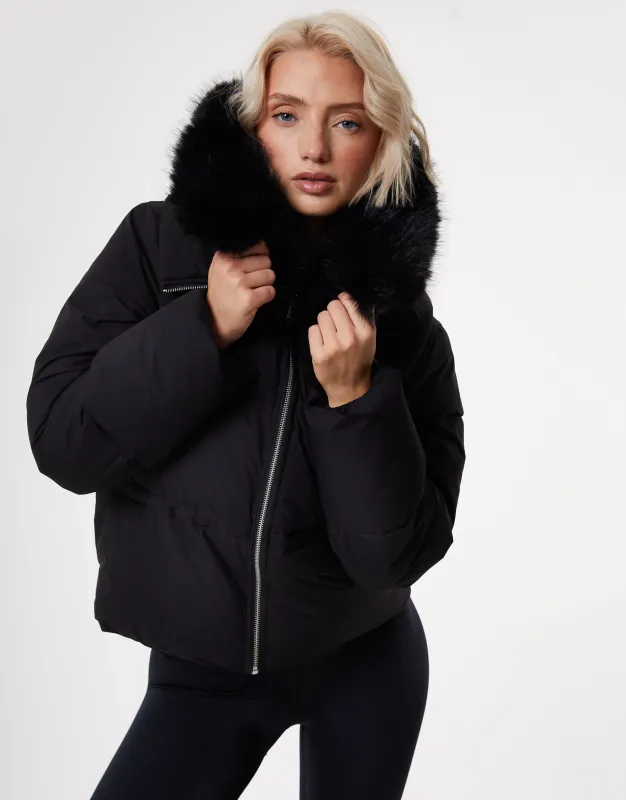 Black Faux Fur Collar Puffer Jacket sold by Threadbare