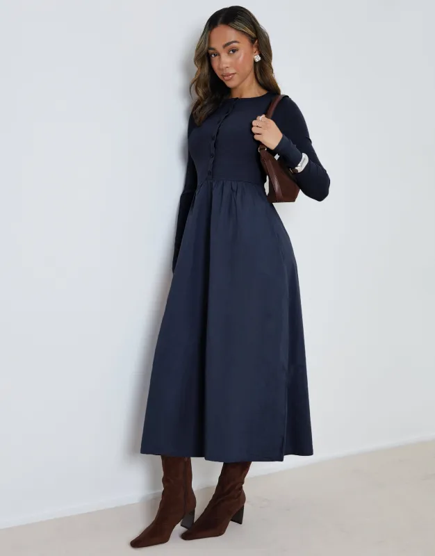 Navy 2-in-1 Jersey Poplin Mix Button Down Dress sold by Threadbare