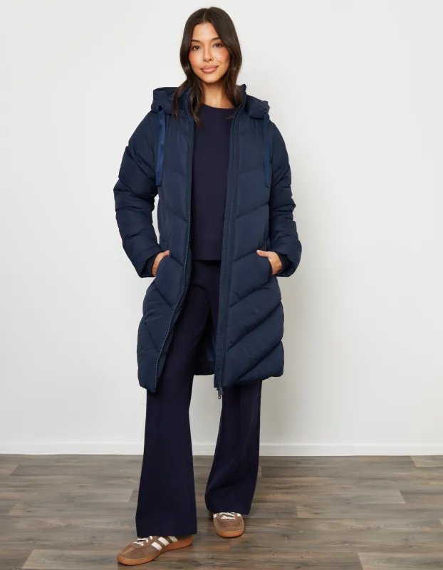 Navy Padded Mid Length Hooded Puffer Jacket sold by Threadbare