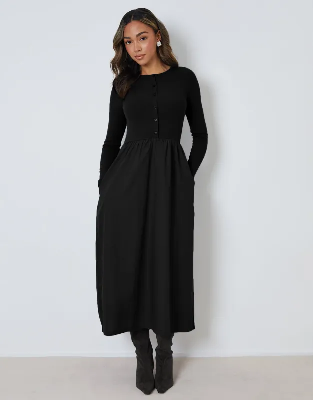 Black 2-in-1 Jersey Poplin Mix Button Down Dress sold by Threadbare