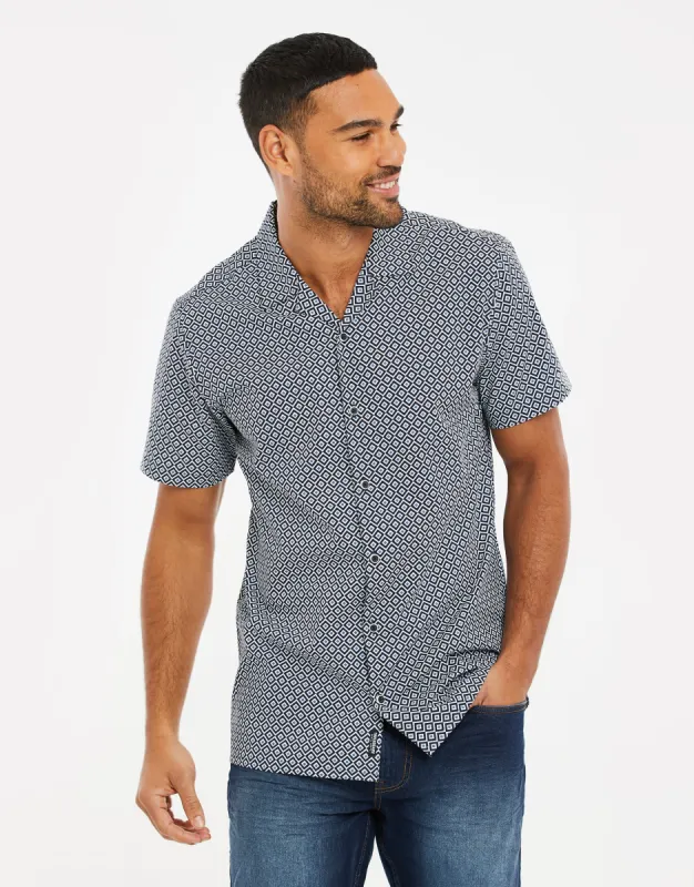 Men's Navy Geo Print Short Sleeve Shirt sold by Threadbare