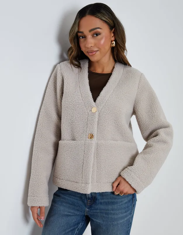 Mushroom Brown Button Up Borg Jacket sold by Threadbare