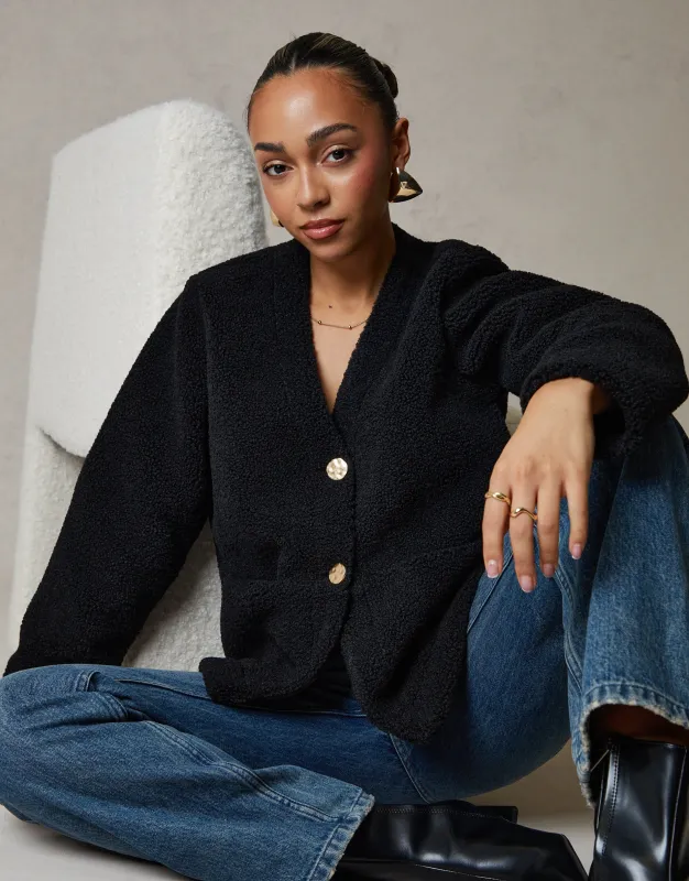 Black Button Up Borg Jacket sold by Threadbare