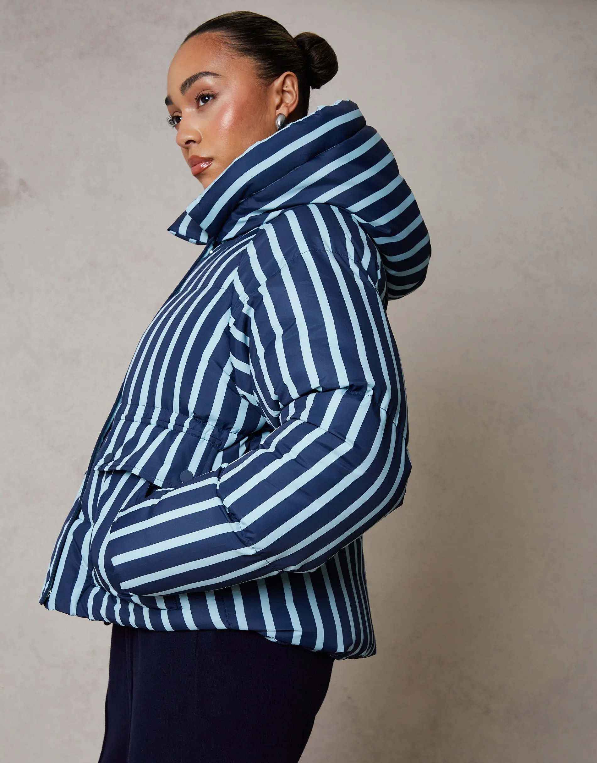 Hooded Padded Jacket in Navy Stripe sold by Threadbare