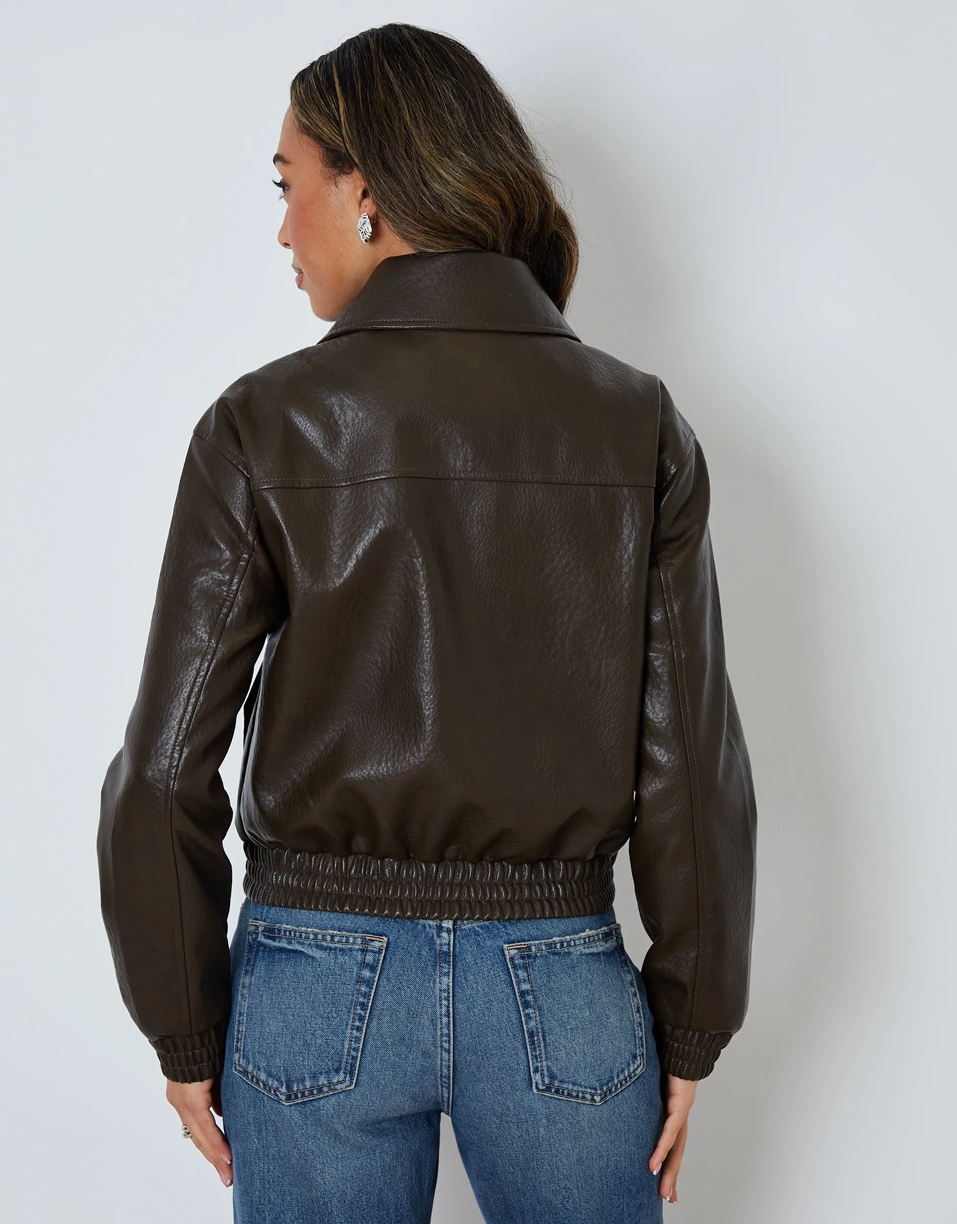 Faux Leather Bomber Jacket with Collar in Chocolate Brown sold by Threadbare product image thumbnail 2