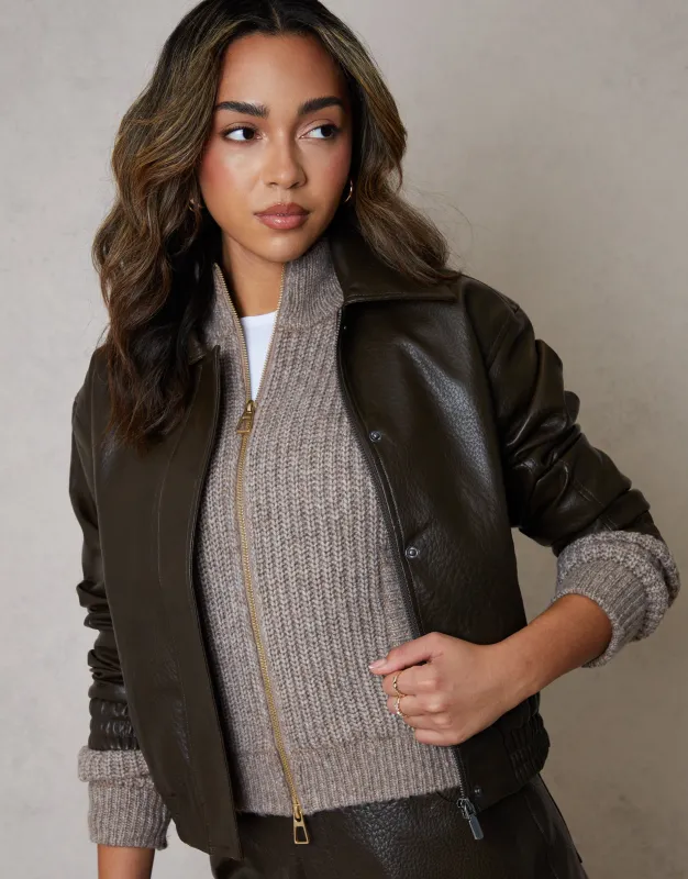 Chocolate Brown Faux Leather Bomber Jacket with Collar made by Threadbare