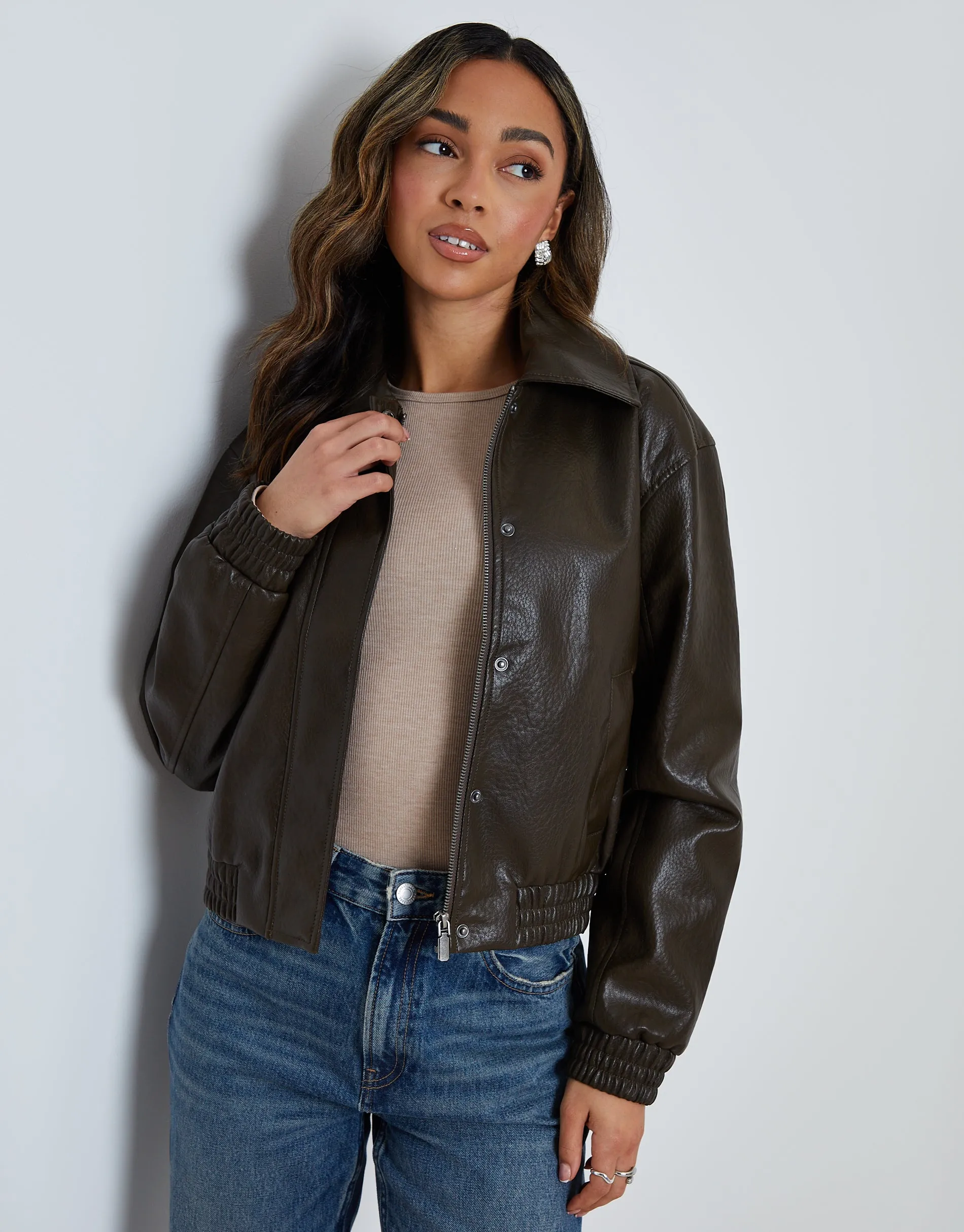 Faux Leather Bomber Jacket with Collar in Chocolate Brown sold by Threadbare product image thumbnail 5