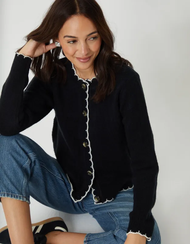 Black Crew Neck Scallop Trim Cardigan sold by Threadbare