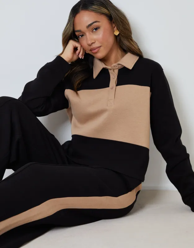 Black Boxy Long Sleeve Polo Sweatshirt & Joggers (2-Piece Set) sold by Threadbare