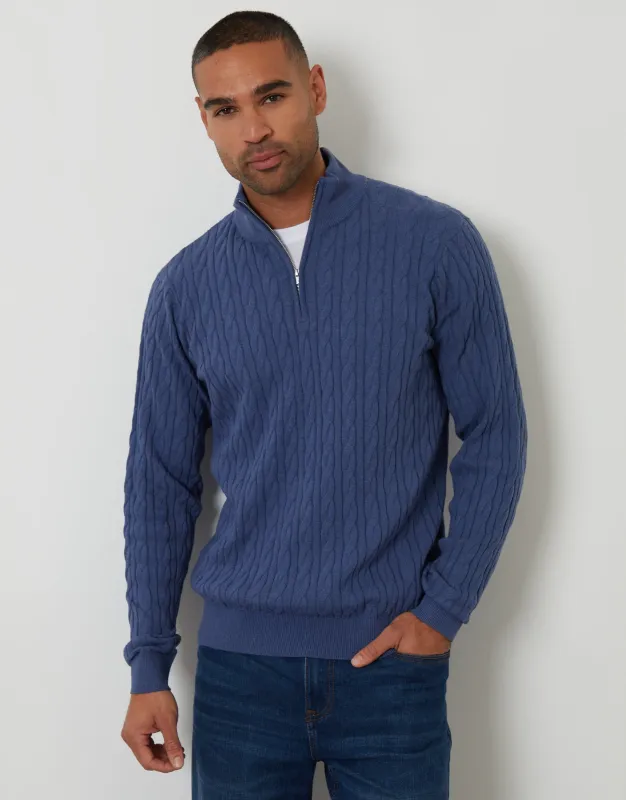 Blue Cable Knit Quarter Zip Jumper sold by Threadbare