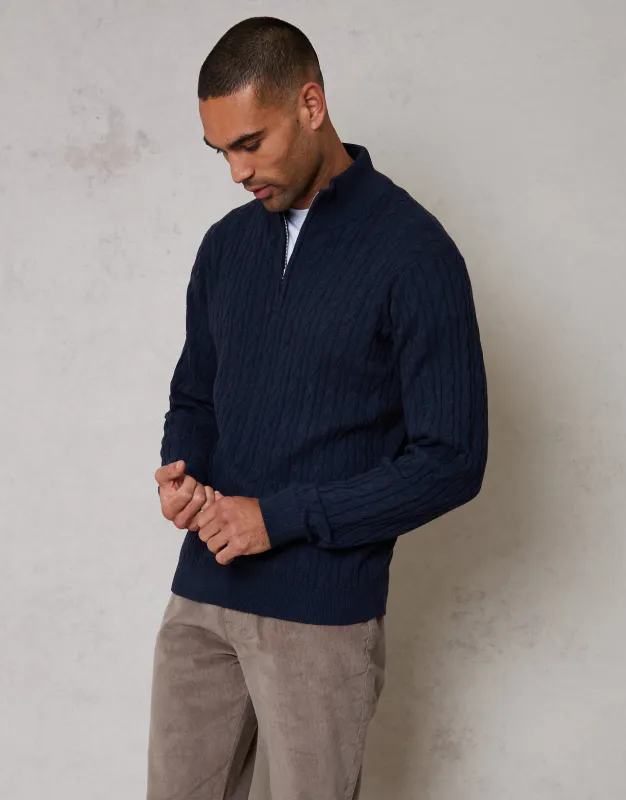 Navy Cable Knit Quarter Zip Jumper sold by Threadbare