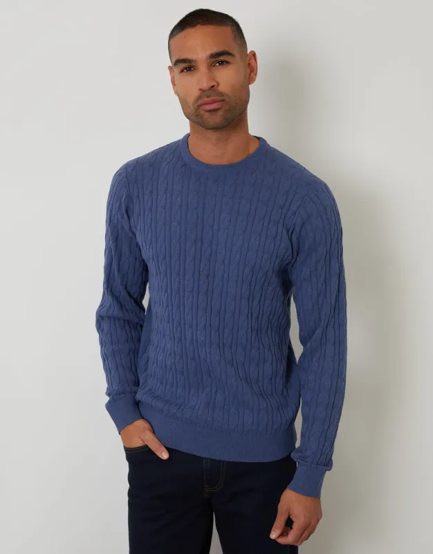 Blue Cable Knit Crew Neck Jumper sold by Threadbare