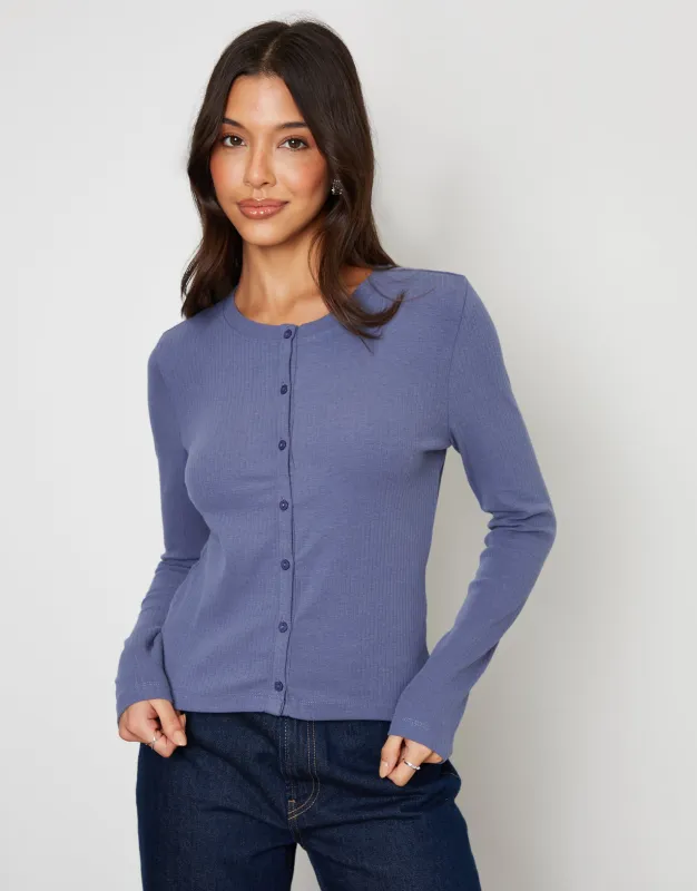 Blue Ribbed Jersey Button Up Cardigan sold by Threadbare