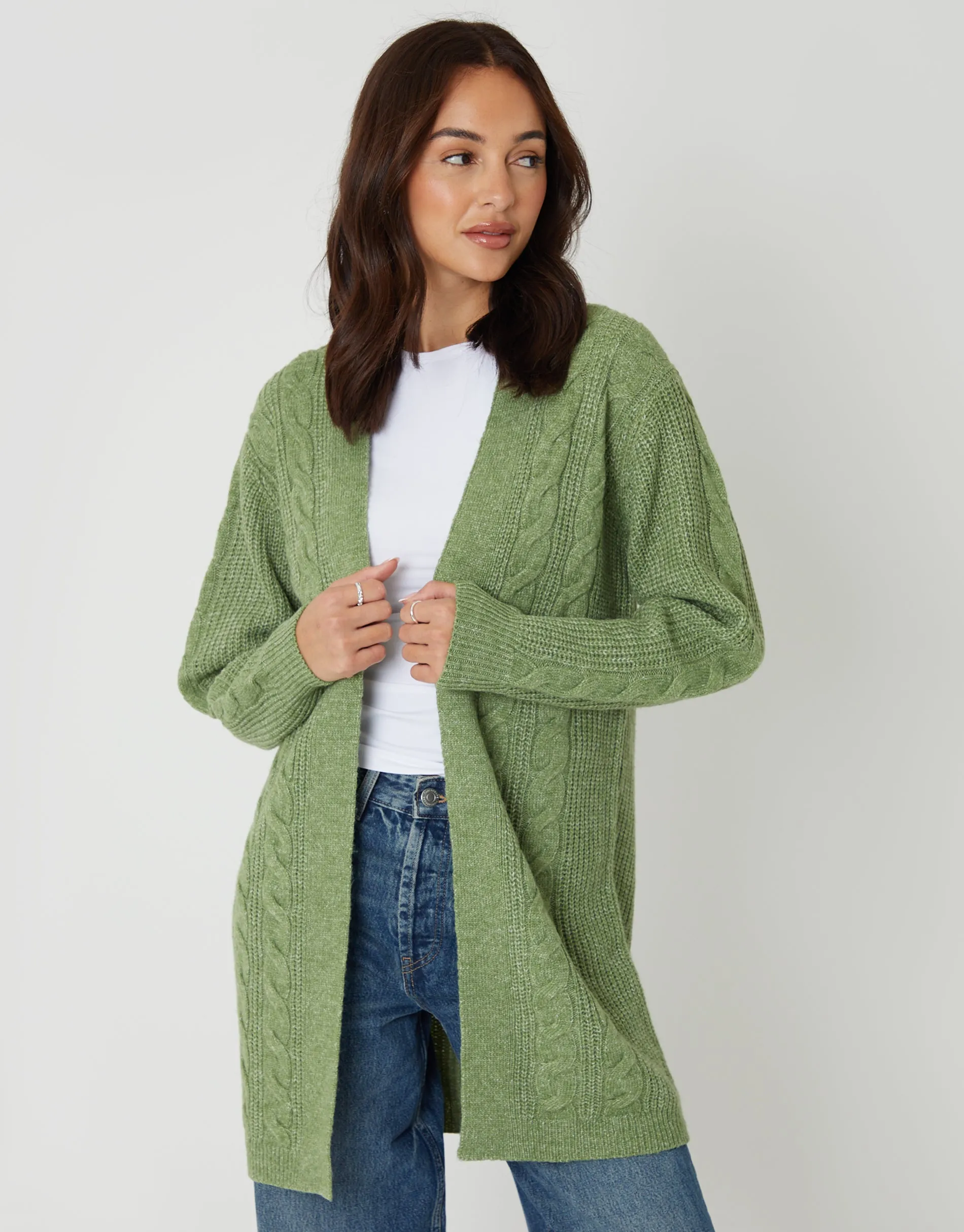 Sage Green Cable Knit Cardigan sold by Threadbare