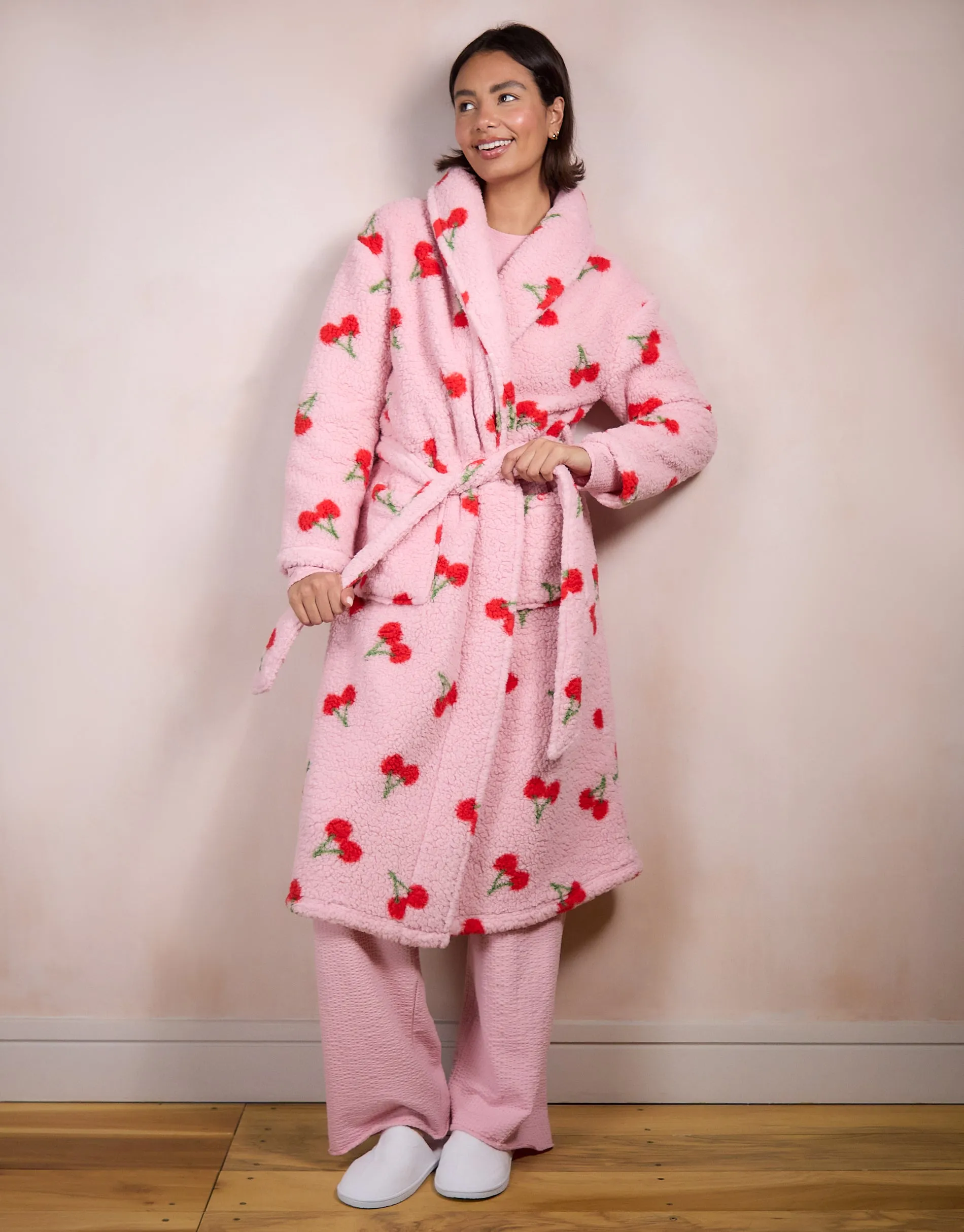 Pink Cherry Print Borg Dressing Gown sold by Threadbare