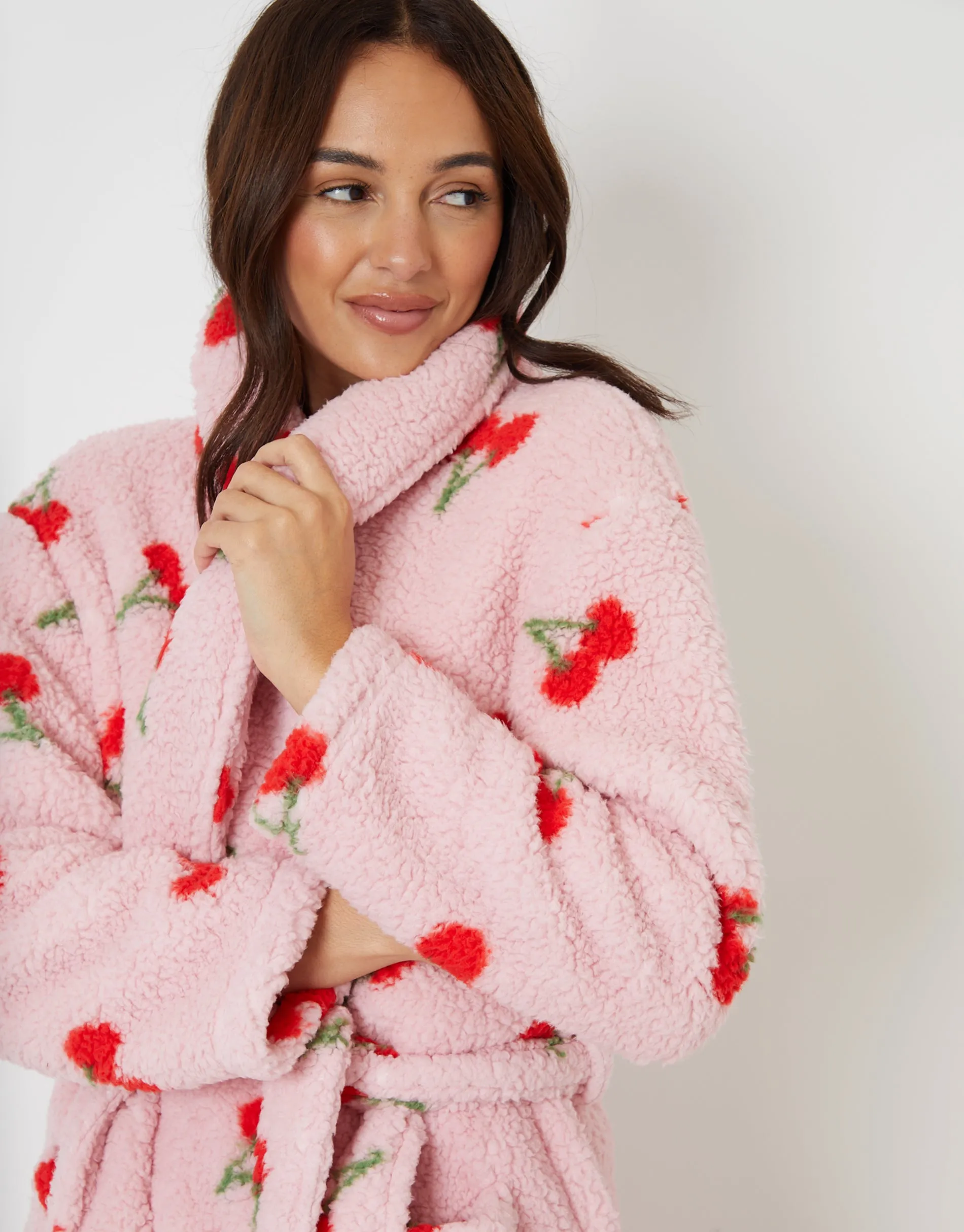 Pink Cherry Print Borg Dressing Gown sold by Threadbare product image thumbnail 5