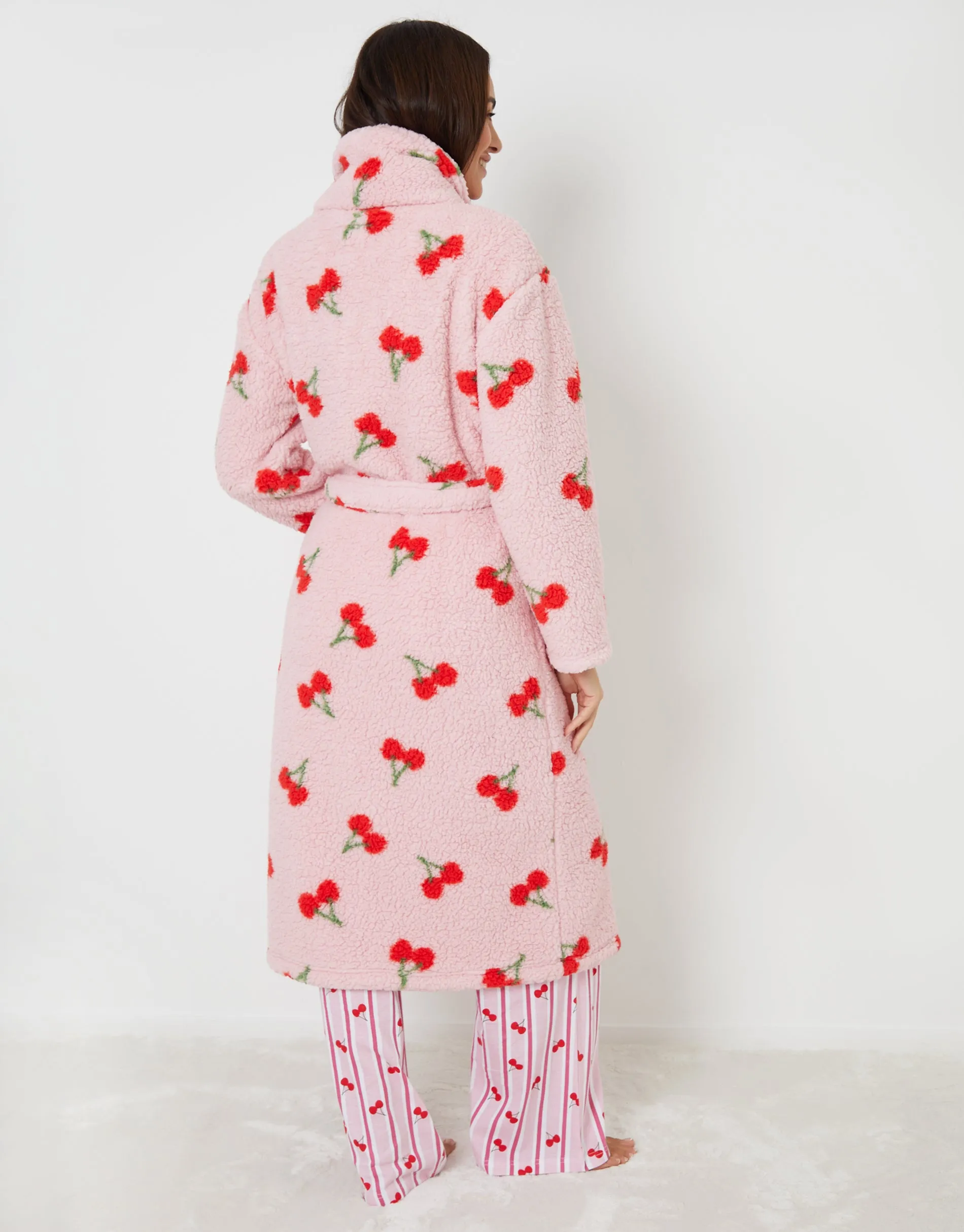 Pink Cherry Print Borg Dressing Gown sold by Threadbare product image thumbnail 4