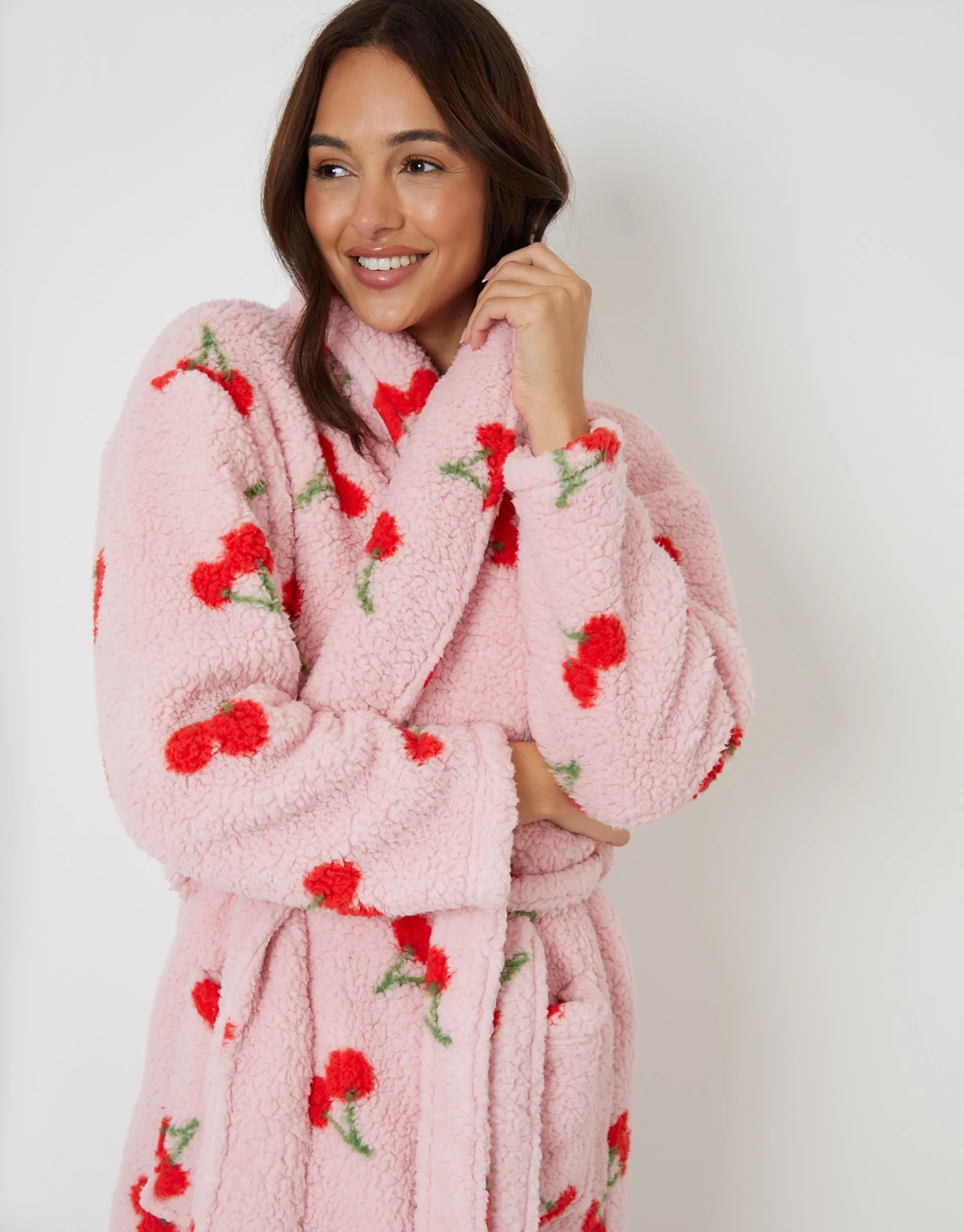 Pink Cherry Print Borg Dressing Gown sold by Threadbare product image thumbnail 2