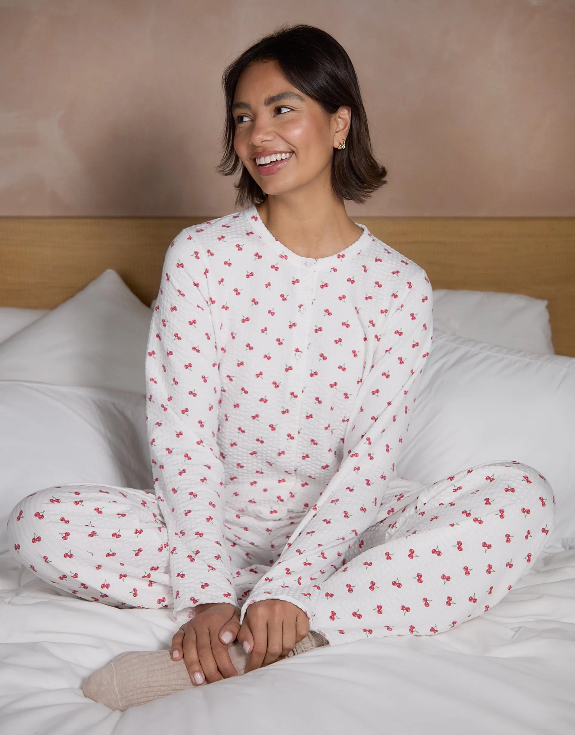 White Cherry Print Lettuce Hem Pyjamas (2-Piece Set) sold by Threadbare