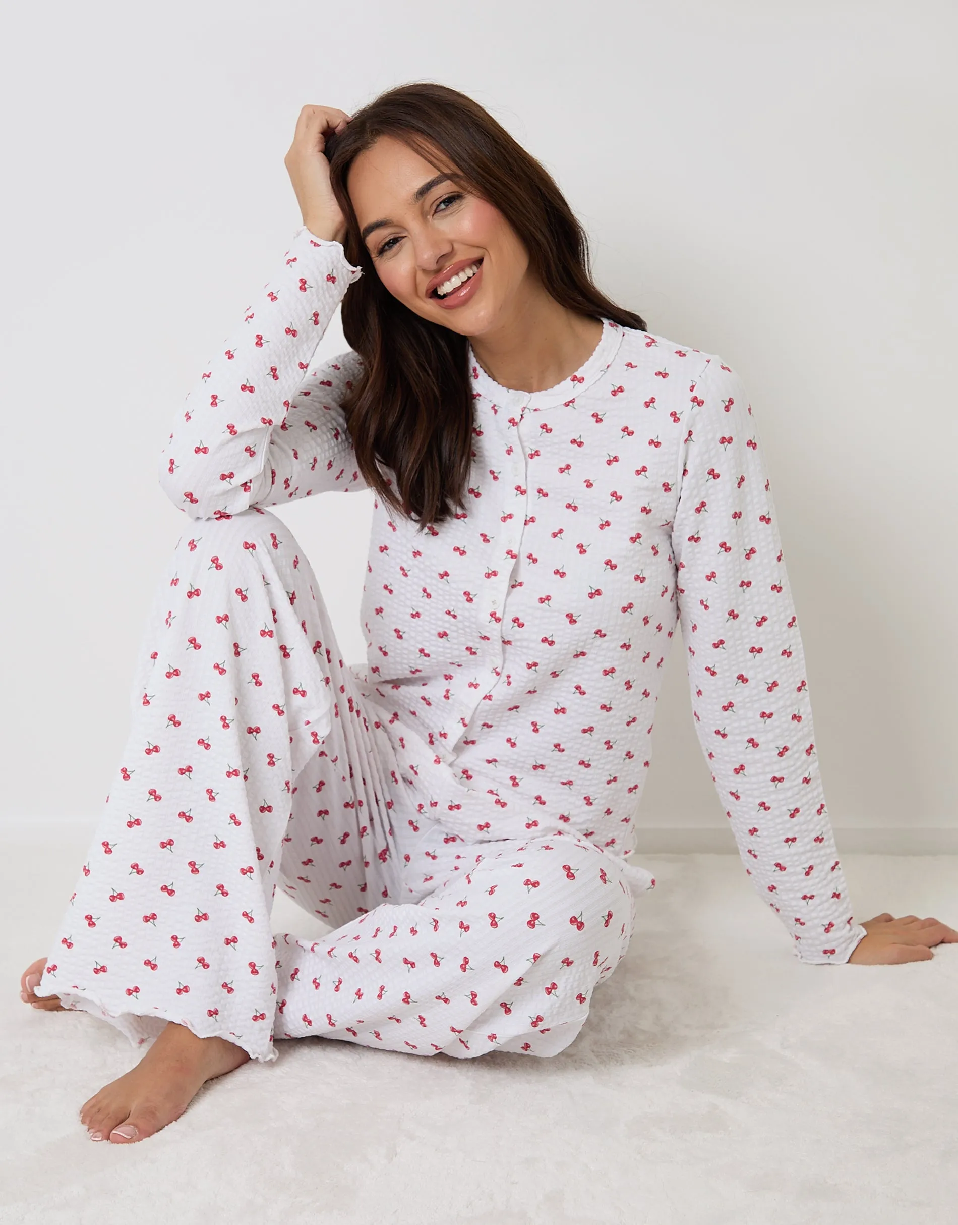 White Cherry Print Lettuce Hem Pyjamas (2-Piece Set) sold by Threadbare product image thumbnail 2